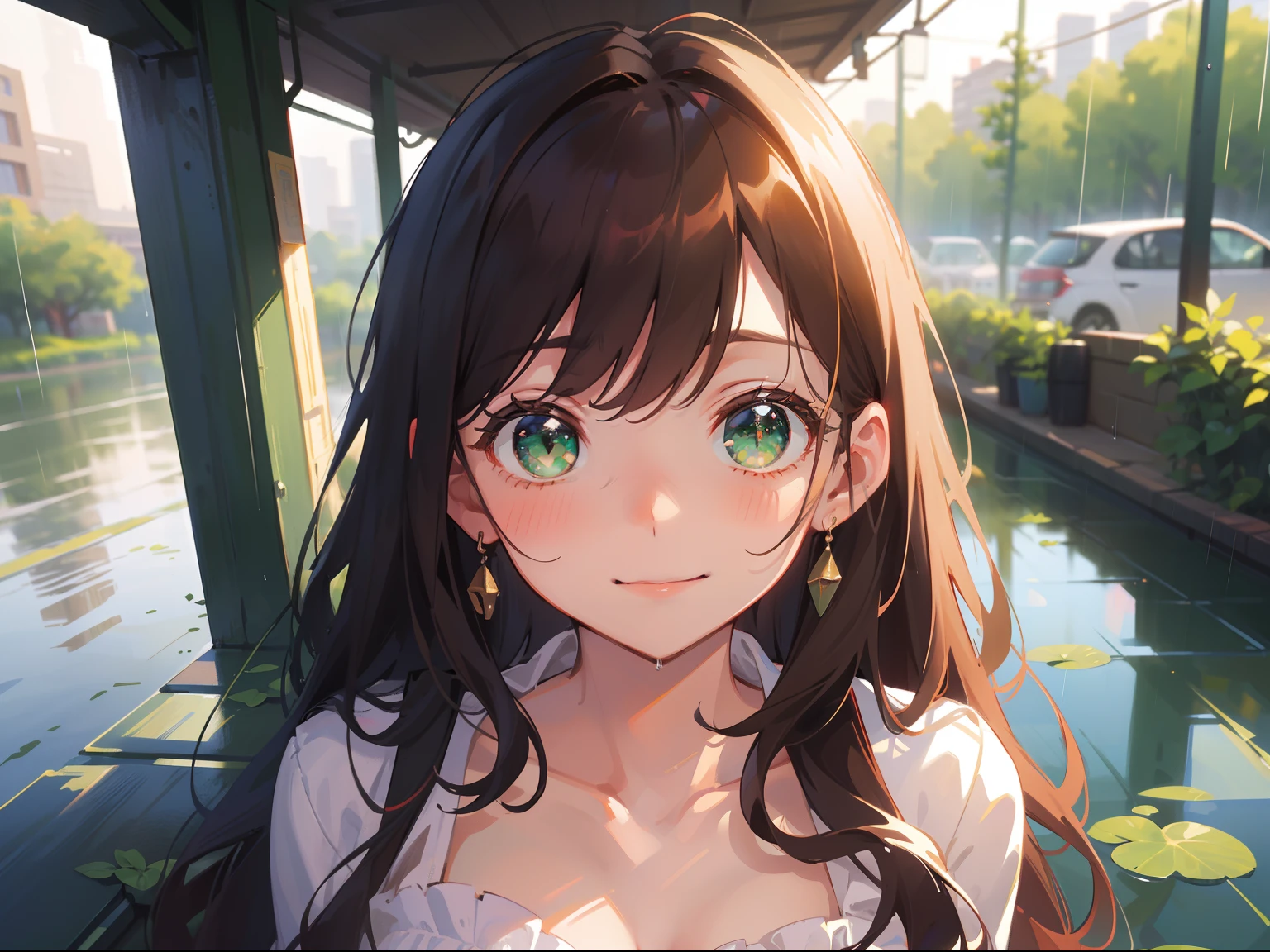 (masterpiece), (best quality), ultra high res, sharp focus, ((1 woman, solo)), upper body, dutch shot, (in the morning:1.2), at the station, rainy season, beautiful detailed hair, chestnut brown hair, long hair tumbles down, beautiful detailed face, ((beautiful shape eyes, green eyes)), perfect feminine face, smiles slightly at the viewer, feminine casual outfit
