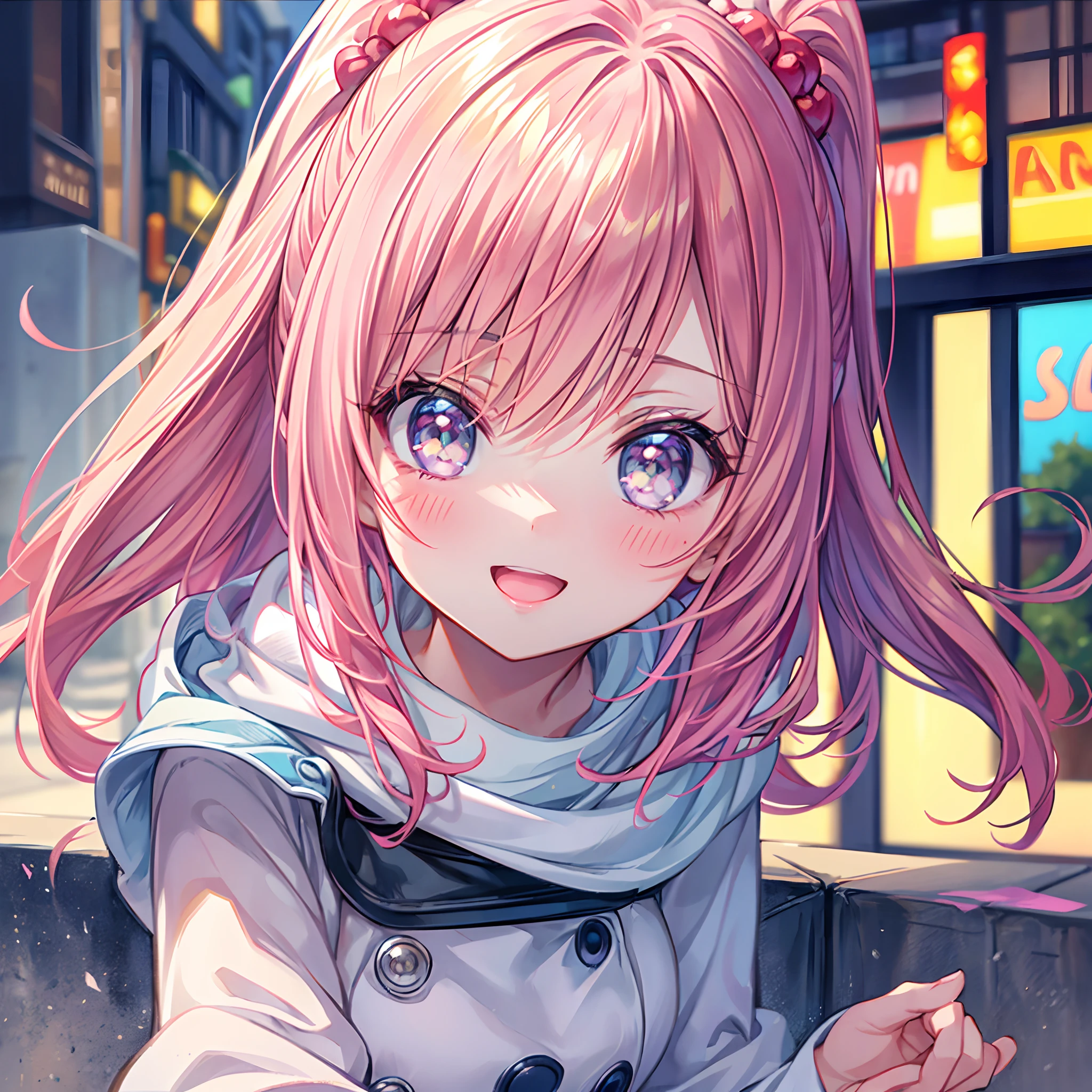 silver hair, hair behind ear, hair two side up, rabbit ears, shy, ray tracing, masterpiece, accurate, textured skin, high quality, high details, best quality, super detail, Japanese high school girl, casual clothes, holiday walk, waving, Heart symbols, from above