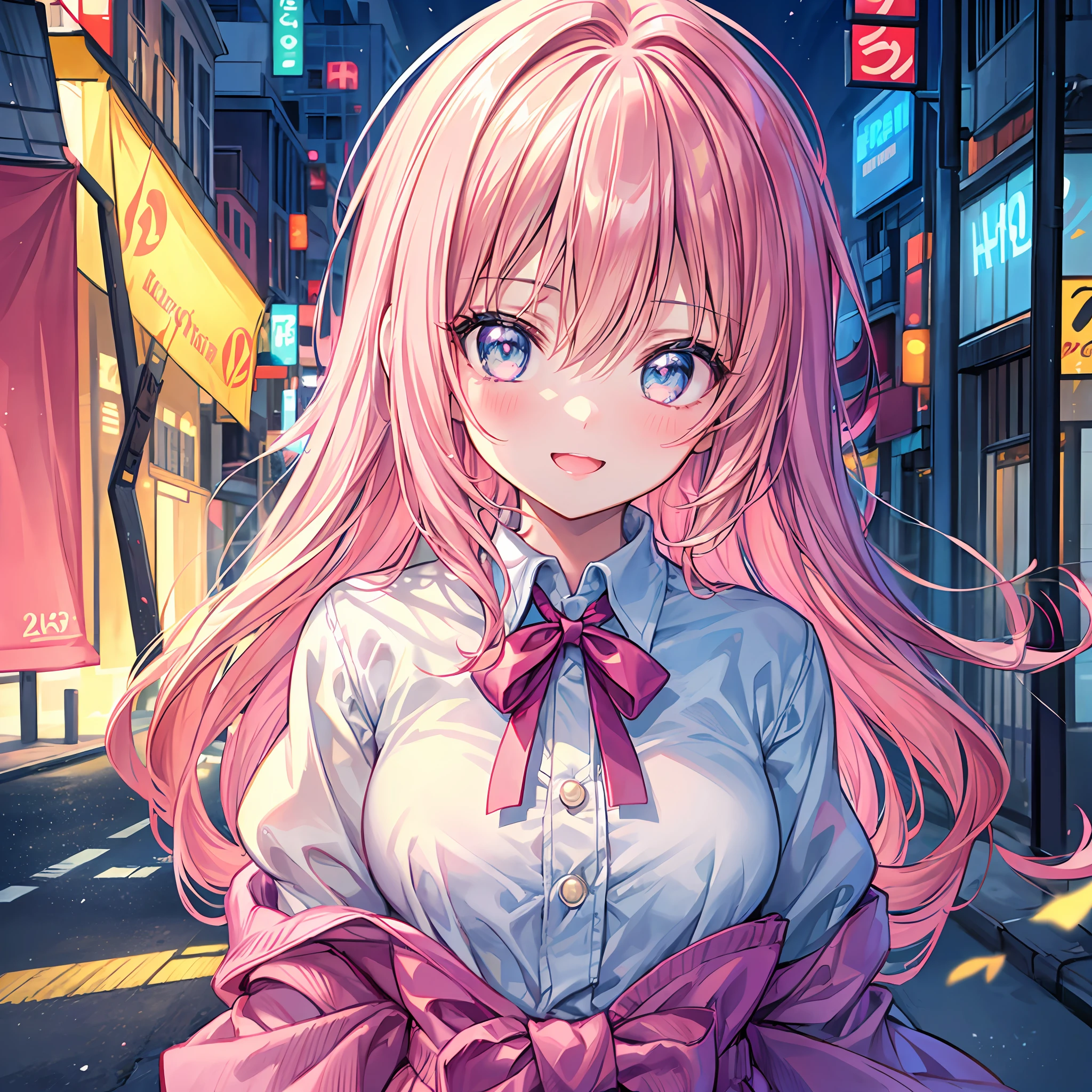 (masterpiece:1.1), (best quality:1.1), (anime screencap:1.1) of (1girl in the street, heart eyes, 😍, blushing, smiling wide, open mouth, pink, yellow, light yellow, azure, big eyes, looking at the viewer:1), crepuscular rays, (pouty lips, portrait, close up), (crisp:1.1), (ultra detailed), centered, colorful, glowing, (depth of field), finely detailed, (edge detection:1), (120mm), beautiful eyes, (intense lighting:1.1), fine art, creative, face, bokeh, light caustics