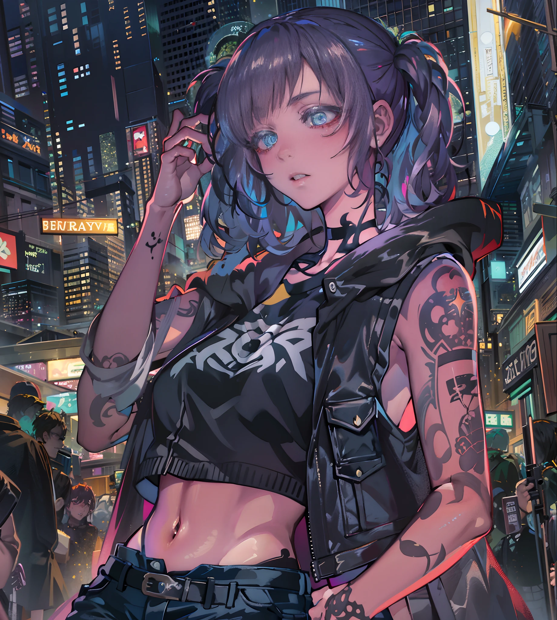 Noite, Fundo colorido da cidade cyberpunk, chuva, Rua, Maid girl, Nanakusa Nazuna, 1******, franja, fundo preto, jaqueta preta, camisa preta, shorts pretos, olhos azuis, franja romba, seios, recorte de decote, recorte de roupa, crop top, sombra, presas, gradient hair, cabelo grisalho, hair rings, jaqueta, cabelo roxo claro, olhando para o espectador, maquiagem, cabelo multicolorido, umbigo, boca aberta, sombra vermelha, camisa, shorts, sem mangas, sleeveless turtleneck, manga top de colheita de gola alta, seios pequenos, solo, stomach, gola alta, topo de colheita de gola alta, cabelo de dois tons, vampiro, olhos azuis, olhos brilhantes, Meias pretas, retroiluminado, brilhar, Surveying the audience, Low angle lens, olhando para cima lente, perfect composition, delicadeza perfeita de luz e sombra, 8k,1girl,cabelos longos, cabelo sobre virilha,  (),somente_Arms,ao ar livre,Nosso,Luz_sorrir