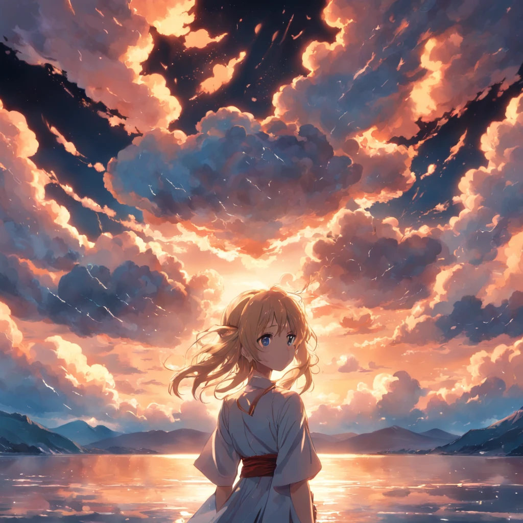 tmasterpiece,best qualtiy,cinematic Film still from,1girl,Cloud Girl,Floating in the sky,closeup cleavage,brightly,cheerfulness,Warm and soft lighting,the sunset,(spark of light:0.7),Raiden general,the original god