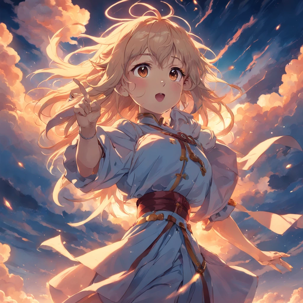 tmasterpiece,best qualtiy,cinematic Film still from,1girl,Cloud Girl,Floating in the sky,closeup cleavage,brightly,cheerfulness,Warm and soft lighting,the sunset,(spark of light:0.7),Raiden general,the original god