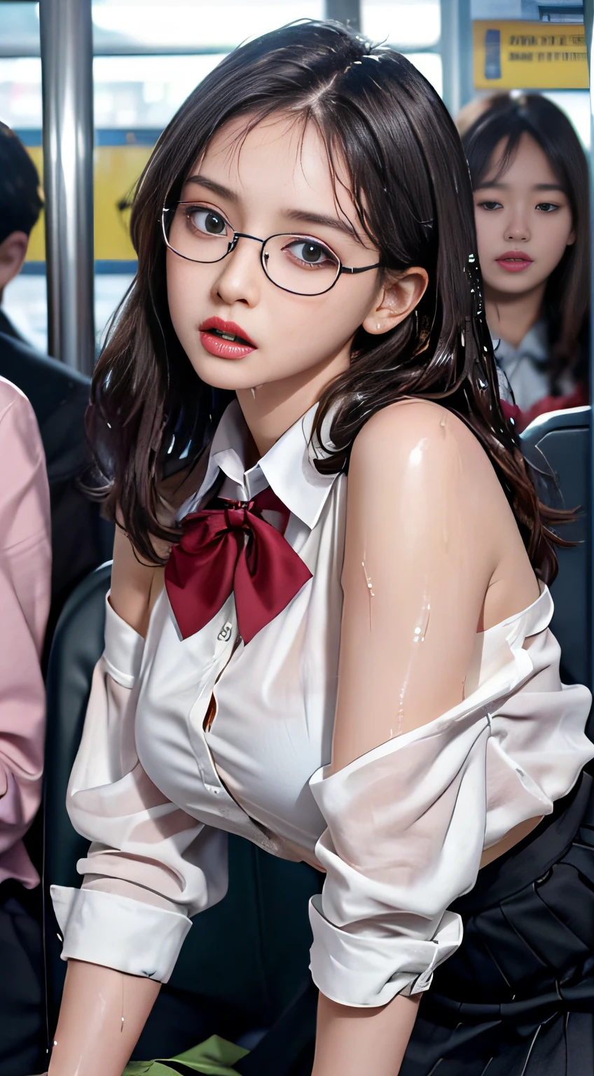 (((Super cute extreme exhibitionist girl on a crowded train)))..((Wearing bow tie and white swooping open shirt(off shoulders))((Black tight skirt、(up skirt)): 1.5.)) 40k, Photography, masutepiece, Best Quality, dark grey background, ((1 Gorgeous bright-haired girl with beautiful eyes, She wears glasses on her beautiful face, )). White skin, Poses variadas、(((Buttocks facing this way、Schoolgirl getting on all fours)))((posterior view))((stick out buttocks))((Beautiful breasts :1.1)), 0p、mix4, realisitic、Photorealsitic:1.37)、)、(Kpop Idol)、(Pink blush)、 (Slim legs)、erotick、nffsw、Highly detailed ambient occlusion、Natural and harmonious composition、fine-art photography、 Exposed crotch, exposed lower abdomen, Best Quality, masutepiece, Ultra high definition, (Photorealistic:1.4), Raw photo, (perfect body type), (slim:1.3), Slim abdomen, Perfect slim figure, Dynamics, (((Full-figured :0.9))), Unobtrusive, Cold Light 12000K, Highly detailed facial and skin texture, Detailed eyes, Realistic eyes, Beautiful detailed eyes, (Realistic skin), Attractive, 超A high resolution, A hyper-realistic, Highly detailed, (yawning), (((exhibitionism))), ((she is soaking wet)).Lower body slender