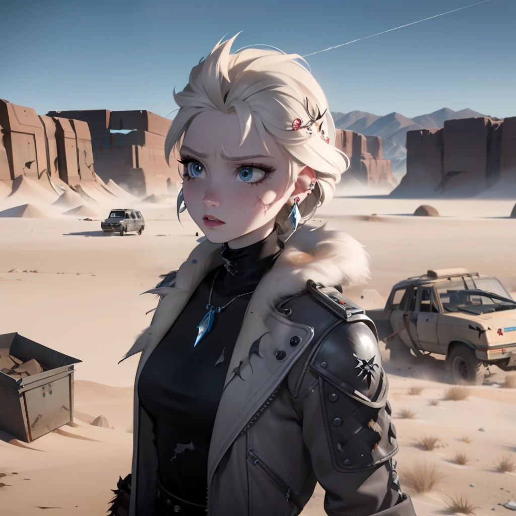Elsa, post apocalyptic, desert, mad max, scarred, Post apocalyptic desert wasteland, Mad max, ear piercing, nose ring, gothy, torn clothes, Long jacket, ice pendent, scarrred, scarred, scarred, bruised, beat up, scarred