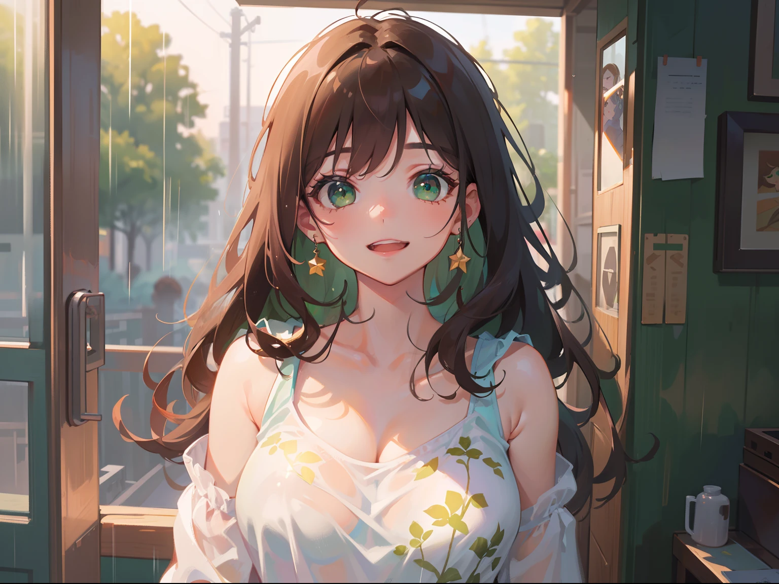 (masterpiece), (best quality), ultra high res, sharp focus, ((1 woman, solo)), upper body, dutch shot, (in the morning:1.2), at the station, rainy season, beautiful detailed hair, chestnut brown hair, long hair tumbles down, beautiful detailed face, ((beautiful shape eyes, green eyes)), perfect feminine face, smiles slightly at the viewer, feminine casual outfit