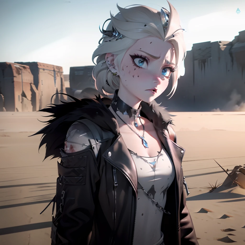 Elsa, post apocalyptic, desert, mad max, scarred, Post apocalyptic desert wasteland, Mad max, ear piercing, nose ring, gothy, torn clothes, Long jacket, ice pendent, scarrred, scarred, scarred, bruised, beat up, scarred