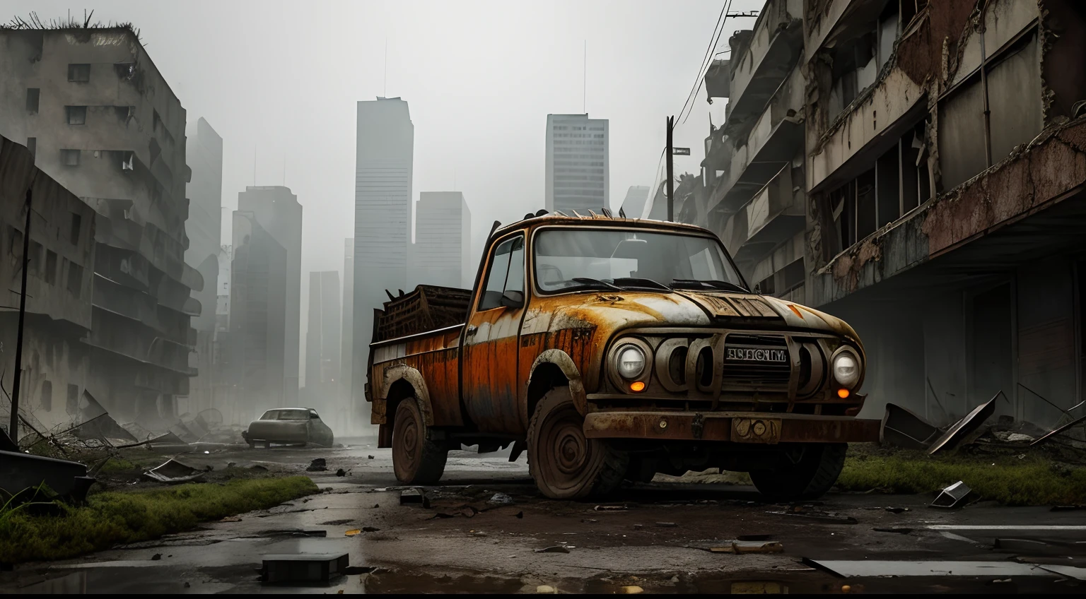 An old modified rusty truck stopped in front of a building with barbed wire, Post apocalyptic scenario, Apocalyptic atmosphere, The end of the world, Rusty, Doomsday landscape, post apocalyptic background, Abandoned vehicles, Post-apocalyptic street, 3D rendering art, Doomsday setting 8K Ultra HD detailed blast wall, cement wall, barbed wire, Abandoned high-rise buildings, Set against the backdrop of a collapsed city, weeds, moss, Light rain, Heavy fog, Heavy fog，Mossy，Ruins of severely damaged high-rise buildings，barricade