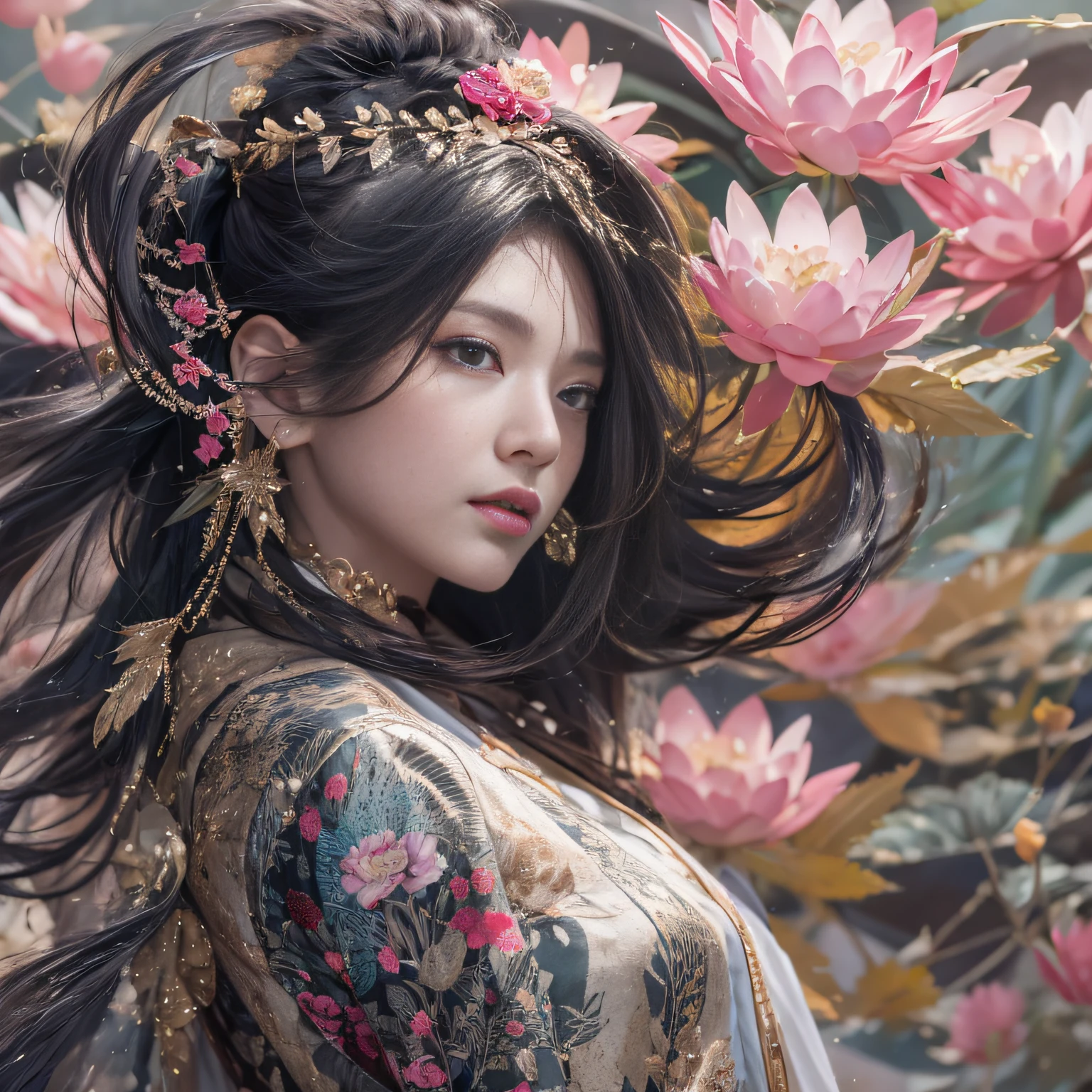 32K（tmasterpiece，k hd，hyper HD，32K）Long flowing black hair，ponds，zydink， a color，  Xuzhou people （Silly girl）， （Silk scarf）， Combat posture， looking at the ground， long whitr hair， Floating hair， Carp pattern headdress， Chinese long-sleeved silk garment， （abstract ink splash：1.2）， Pink petal background，Pink and white lotus flowers fly（realisticlying：1.4），Black color hair，Fallen leaves flutter，The background is pure， A high resolution， the detail， RAW photogr， Sharp Re， Nikon D850 Film Stock Photo by Jefferies Lee 4 Kodak Portra 400 Camera F1.6 shots, Rich colors, ultra-realistic vivid textures, Dramatic lighting, Unreal Engine Art Station Trend, cinestir 800，Long flowing black hair