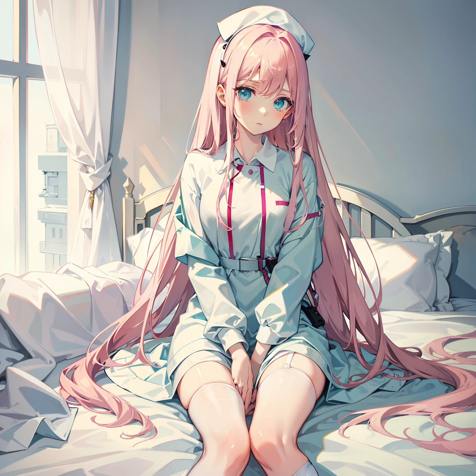 Long pale pink hair，Pale blue-green eyes，white nurse outfit，dark circles，Holding a needle in his hand，Sit on the bed in the infirmary，White hands，close-up on legs，A black over-the-knee sock，A pair of white socks