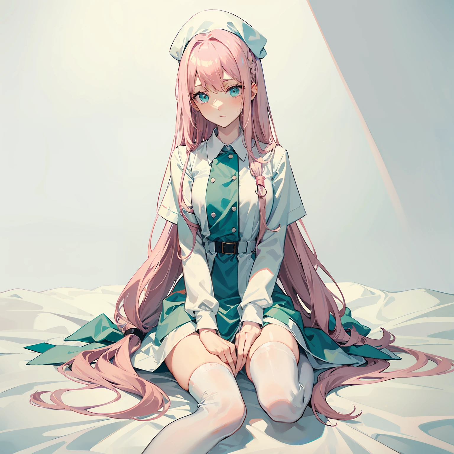 Long pale pink hair,Pale blue-green eyes,white nurse outfit,dark circles,Holding a needle in his hand,Sit on the bed in the infirmary,White hands,close-up on legs,A black over-the-knee sock,A pair of white socks