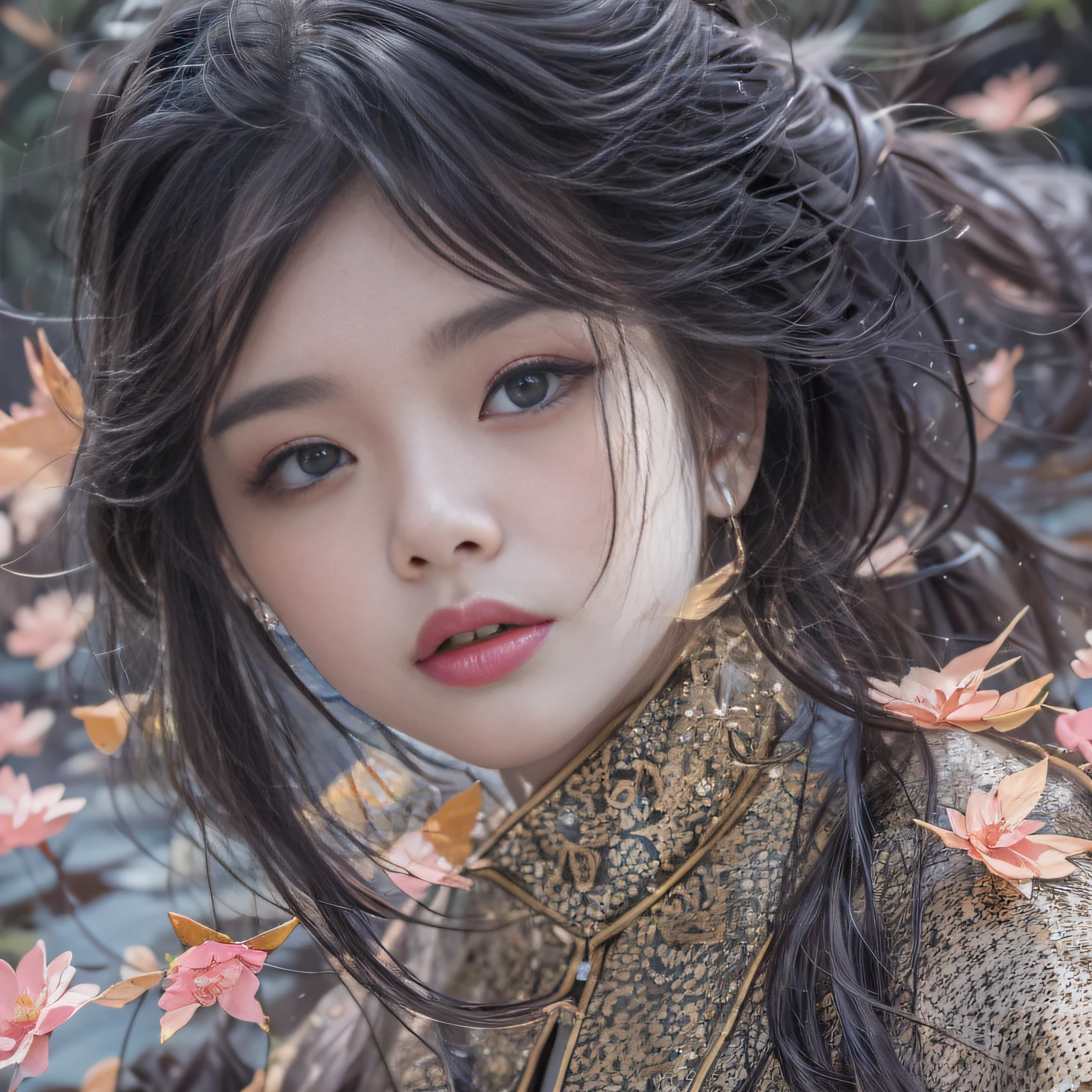 32K（tmasterpiece，k hd，hyper HD，32K）Long flowing black hair，ponds，zydink， a color，  Xuzhou people （Silly girl）， （Silk scarf）， Combat posture， looking at the ground， long whitr hair， Floating hair， Carp pattern headdress， Chinese long-sleeved silk garment， （abstract ink splash：1.2）， Pink petal background，Pink and white lotus flowers fly（realisticlying：1.4），Black color hair，Fallen leaves flutter，The background is pure， A high resolution， the detail， RAW photogr， Sharp Re， Nikon D850 Film Stock Photo by Jefferies Lee 4 Kodak Portra 400 Camera F1.6 shots, Rich colors, ultra-realistic vivid textures, Dramatic lighting, Unreal Engine Art Station Trend, cinestir 800，Long flowing black hair