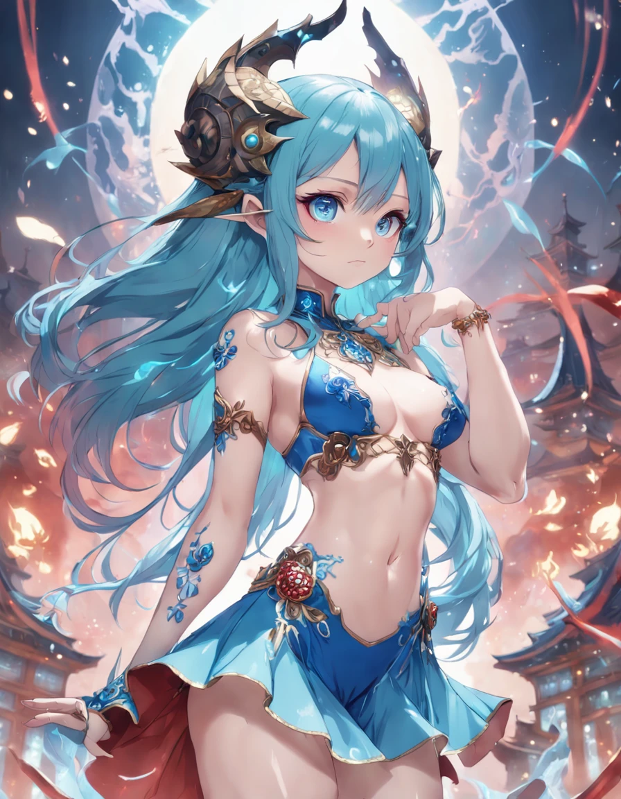 1 girl, one piece armored pelvic china dress, (Beautifully decorated costumes that are intricate and delicate.:1.4) acoal leggings, rogue, medium breasts, cleavage, slim waist, navel, (thick thighs), (monster girl), delicate, beautiful, elemental, ethereal, pure, mystical, wild, intricate, surreal,  an elf girl in a modern world, (Aqua blue sapphire eyes, multicolored eyes, sparkiling eyes, glowing eyes),  (((bioluminescent lighting, blue light: 1.5, blue lighting:1.5, red color aberration:1.3))), ,(kitagawa marin 1girl red hair long hair multicolored hair black )