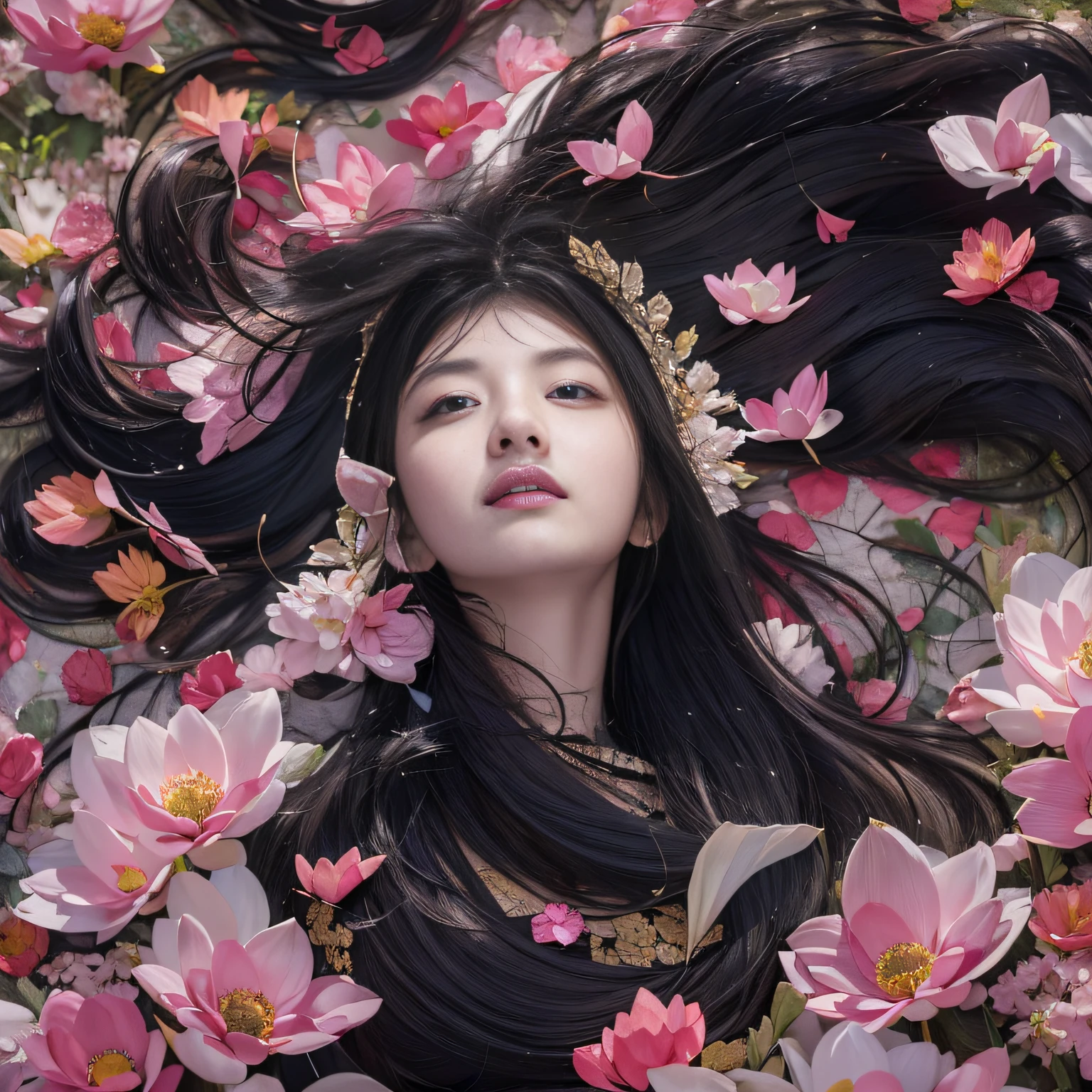 32K（tmasterpiece，k hd，hyper HD，32K）Long flowing black hair，ponds，zydink， a color，  Xuzhou people （Silly girl）， （Silk scarf）， Combat posture， looking at the ground， long whitr hair， Floating hair， Carp pattern headdress， Chinese long-sleeved silk garment， （abstract ink splash：1.2）， Pink petal background，Pink and white lotus flowers fly（realisticlying：1.4），Black color hair，Fallen leaves flutter，The background is pure， A high resolution， the detail， RAW photogr， Sharp Re， Nikon D850 Film Stock Photo by Jefferies Lee 4 Kodak Portra 400 Camera F1.6 shots, Rich colors, ultra-realistic vivid textures, Dramatic lighting, Unreal Engine Art Station Trend, cinestir 800，Long flowing black hair