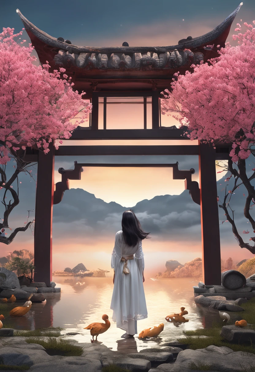 miaobishenghua , [(White background:1.5)::5], 1 girl, Medium Shot Shot, full bodyesbian, Butterflies, Flowers,floating petal,stone fragment, beautiful detailed  water,Cloud,Sun,Dusk,Sunset,beautiful detailed gate,