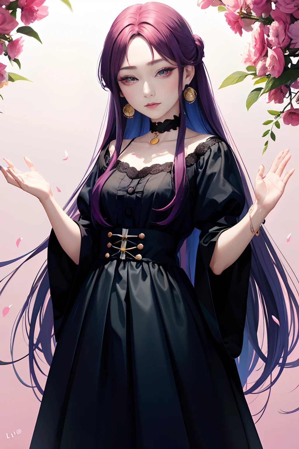 Tsuruta Ichiro, Olhos estreitos, 1girl em, Allback、cabelo curto、testa、Reluctance、Um cabelo escuro、Solo de cabelo enfiado, vaqueira, vestido vermelho, ((mamas do miolo)), Olhos de fenda finos、olhos cinzentos azuis, random colored hair, Luvas, vestir, jewelries, Brincos, olho afiado、luva vermelha, Bosques de Cotovelo,Raise your hands and tie your hair back, random color, random colored dress, de lado, maquiagem, olhos esguios、batom, Complex petal pattern, luz de aro, luz de fundo, cor pastel,