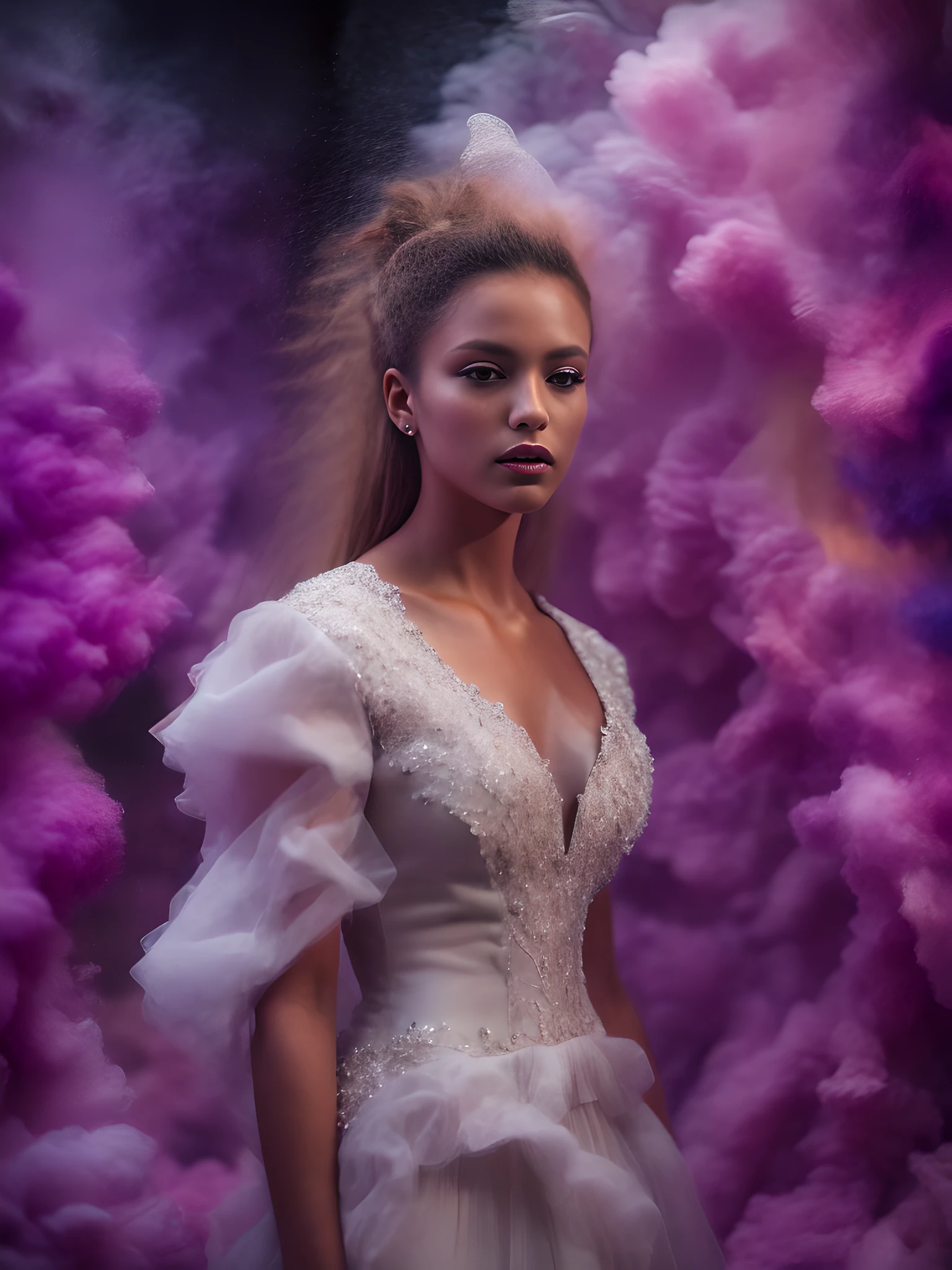 photo of woman clad in white dress, dark blonde messy hair, dusk, pride, her clothes exquisitly tailored to perfection, (style of Kim Keever:1.5), colorfull,