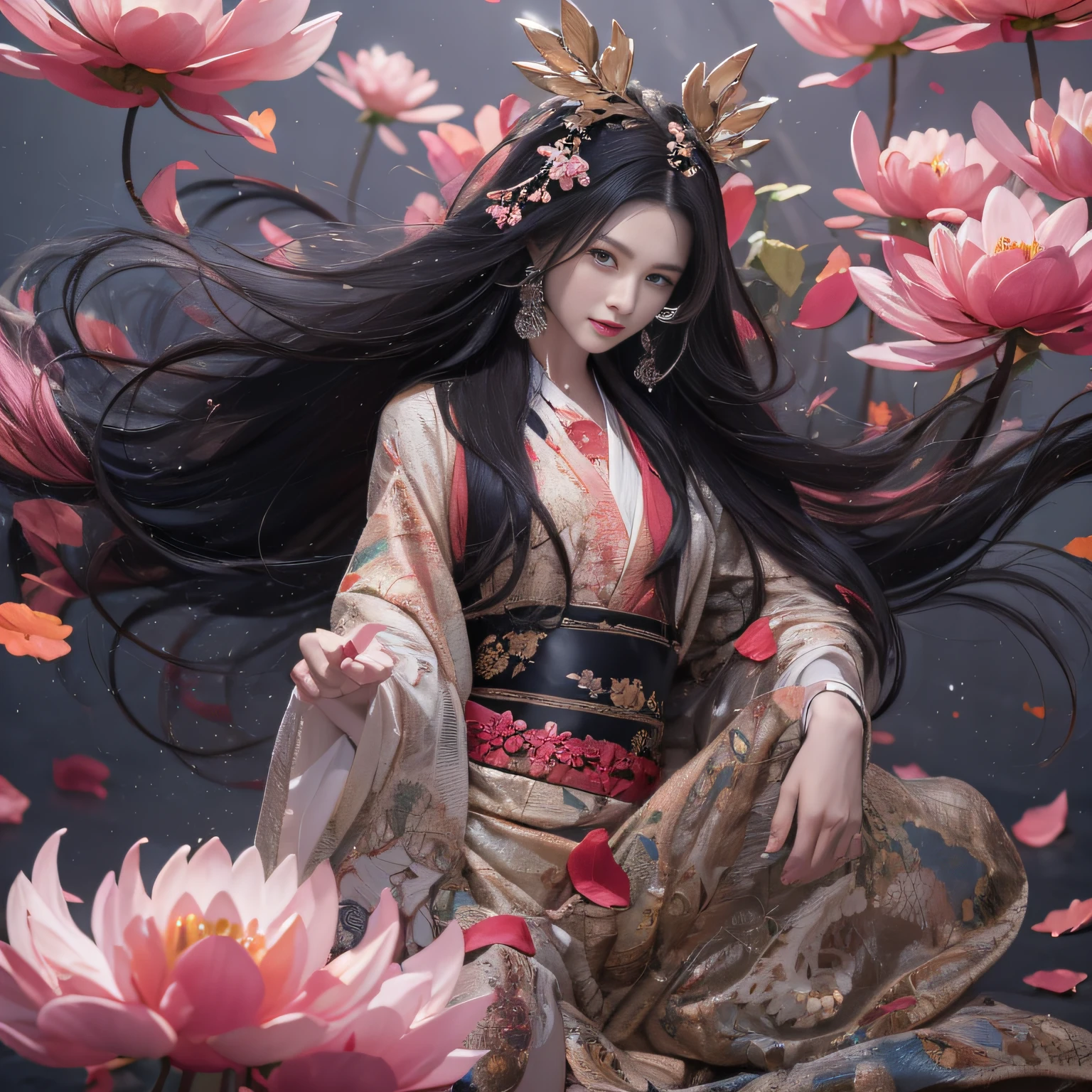 32K(tmasterpiece,k hd,hyper HD,32K)Long flowing black hair,ponds,zydink, a color, Xuzhou people (Silly girl), (Silk scarf), Combat posture, looking at the ground, long whitr hair, Floating hair, Carp pattern headdress, Chinese long-sleeved silk garment, (abstract ink splash:1.2), Pink petal background,Pink and white lotus flowers fly(realisticlying:1.4),Black color hair,Fallen leaves flutter,The background is pure, A high resolution, the detail, RAW photogr, Sharp Re, Nikon D850 Film Stock Photo by Jefferies Lee 4 Kodak Portra 400 Camera F1.6 shots, Rich colors, ultra-realistic vivid textures, Dramatic lighting, Unreal Engine Art Station Trend, cinestir 800,Long flowing black hair