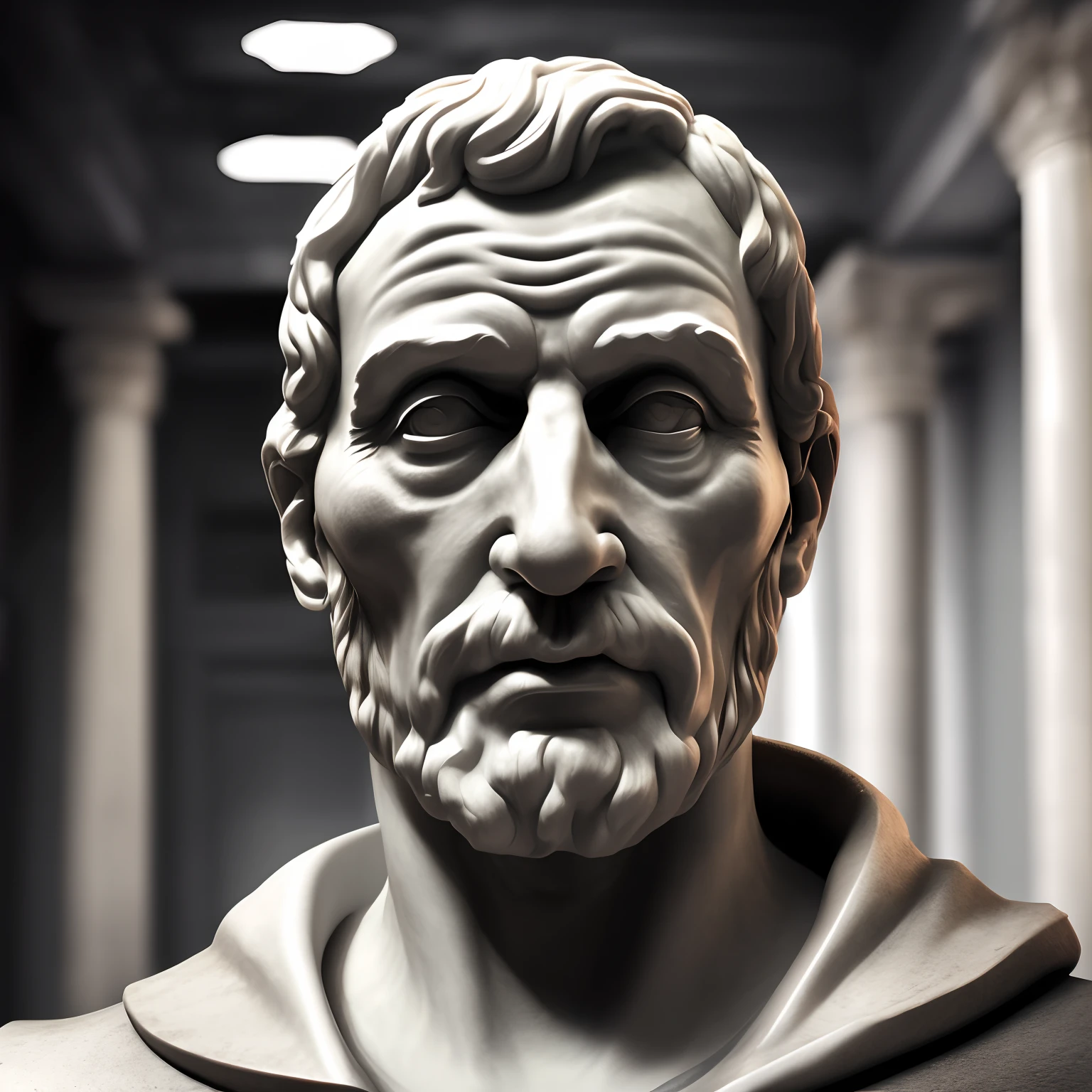 Seneca, Close-up of a classical wise Greek philosopher, Statue in a temple, postura estoica, deus grego, wisdom, cinematic feel, preto e branco, ultra realistic, Ultra detalhado e artesanal em todos os aspectos, Escuro