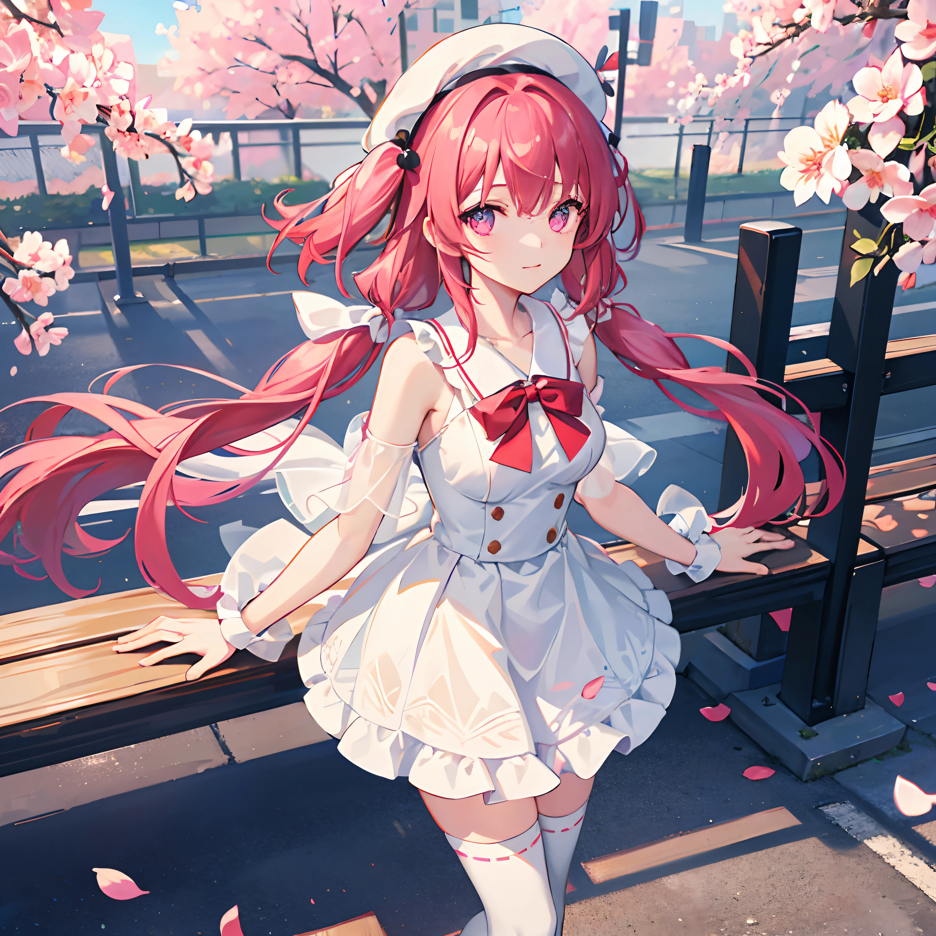 {1girll,独奏}Long cherry-colored hair,Floating long hair,pigtails,Tie-up hair on one side,Red bandages,Staggered bangs,Light blue coat,White color blouse,Purple eye,White fedora,Short white dress,(adorable expression),sparkle eyes,white bowties,White one-piece stockings,Bare shoulders,Colorful petals,the cherry trees,School background,benches,(sportrait),Roadside bikes,Asphalt pavement,(facial closeups),(eye closeup),(solofocus),(Best quality at best),(extremely detaile),(Unique),(Delicate background),(Masterpiece),(Ultra-high resolution),(Very detailed 8k wallpapers),cinmatic lighting,Volumetriclighting,light particules,Face Shadow,(Fine beautiful face and eyes),depth of fields,ssee-through,hdr,Ray traching,dynamic scene,