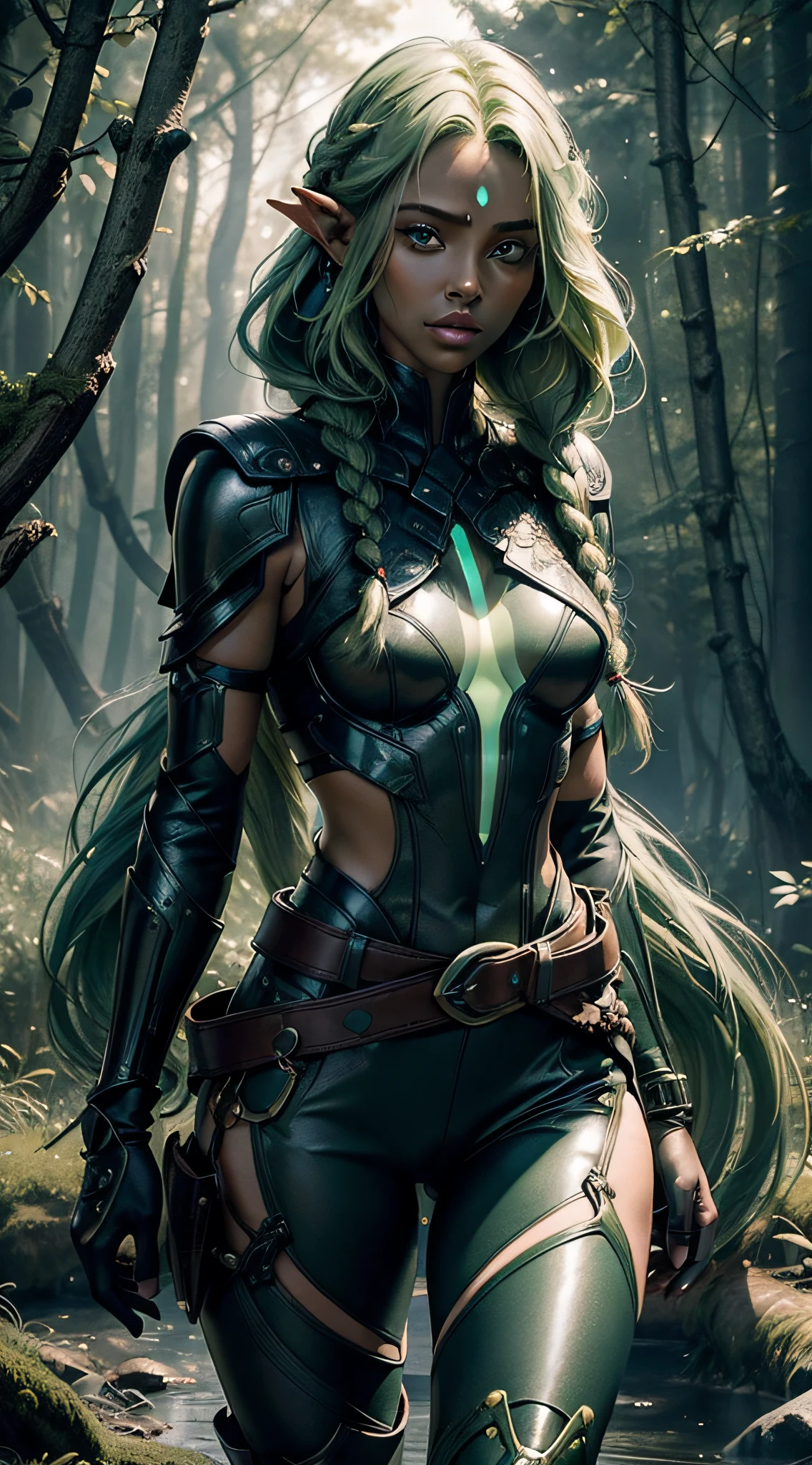 1girl, ((big chest)), (cut abdomen: 1.1), (perfect body: 1.1), (toned body:1.3),(athletic body), ((braided long green hair):1.4), ((Green eyes )), ((eyes emitting a green glow):1.3), full body, (dark elf), ((dark skin):1.4),(skin texture, detailed skin), (biotech suit+intricate tron circuit) :1.3), using nanotechnology breastplate emitting intricate luminosity extremely detailed and with rich details, micro leather shorts rich in details, wide belt dropped on the side, body with many highlighted and detailed scars, image depicting an elven warrior after battle some scratches , marks on the body, very serious and concentrated expression wandering the river bank. (((war equipment))). Intricate futuristic image in ancient and mystical forest. (extremely detailed 8k CG wallpaper), (extremely delicate and beautiful), (masterpiece), (best quality: 1.0), (ultra high resolution: 1.0), beautiful lighting, perfect lighting, realistic shadows, [high resolution ], detailed skin, ((skin texture)), super detailed