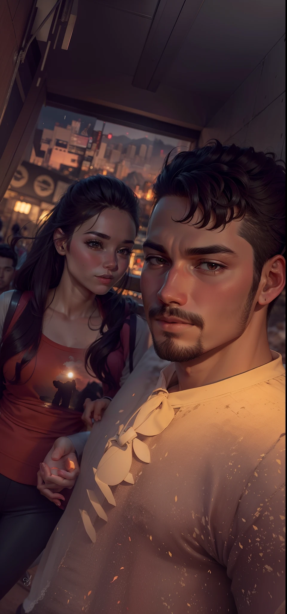 This couple walk in evening at mountain