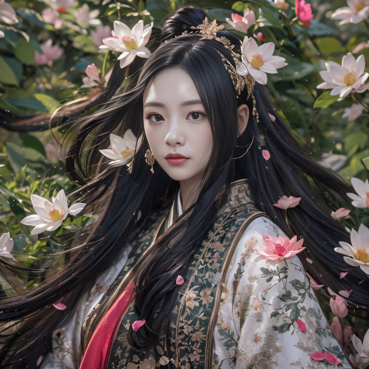 32K(tmasterpiece,k hd,hyper HD,32K)Long flowing black hair,ponds,zydink, a color, Xuzhou people (Silly girl), (Silk scarf), Combat posture, looking at the ground, long whitr hair, Floating hair, Carp pattern headdress, Chinese long-sleeved clothing, (abstract ink splash:1.2), Pink petal background,Pink and white lotus flowers fly(realisticlying:1.4),Black color hair,Fallen leaves flutter,The background is pure, A high resolution, the detail, RAW photogr, Sharp Re, Nikon D850 Film Stock Photo by Jefferies Lee 4 Kodak Portra 400 Camera F1.6 shots, Rich colors, ultra-realistic vivid textures, Dramatic lighting, Unreal Engine Art Station Trend, cinestir 800,Long flowing black hair