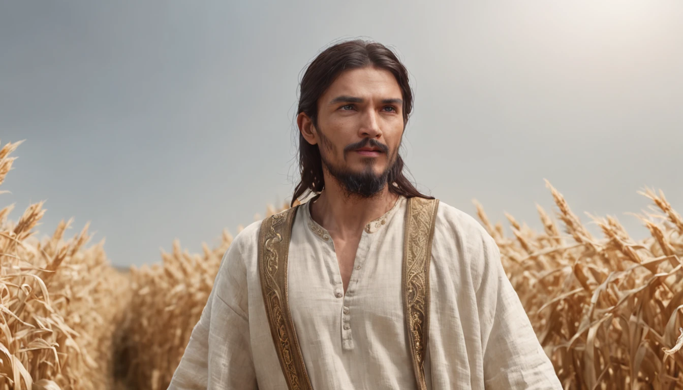 (Professional 3D rendering: 1.3) of (Realistic: 1.3) photo of the most beautiful artwork in the world, ((epic hero, rough fantasy, hero, gentle look, smiling with the corner of the mouth, Long Hair, Large beard and strong expression in dynamic pose, strolling in the barley plantation, Location in the barley field, on the right side, majestic chaotic environment)), (clothing of a king, ((Wear a crown on your head)); majestic cloak, White tunic and white linen shirt: 1.4); full body 8k unit render, action shot, skin pores, very dark lighting, heavy shading, detailed, detailed face, (Vibrant, realistic photography, Realistic, Dramatic, Dark, sharp focus, 8k), (intricate: 1.4), decadent, (highly detailed: 1.4), Digital painting, concept art, smooth, sharp focus, illustration, seed of art, (Loish: 0.23), (global illumination, studio light, light volumetric), floating particles, fantasy, full body. Translate everything to English