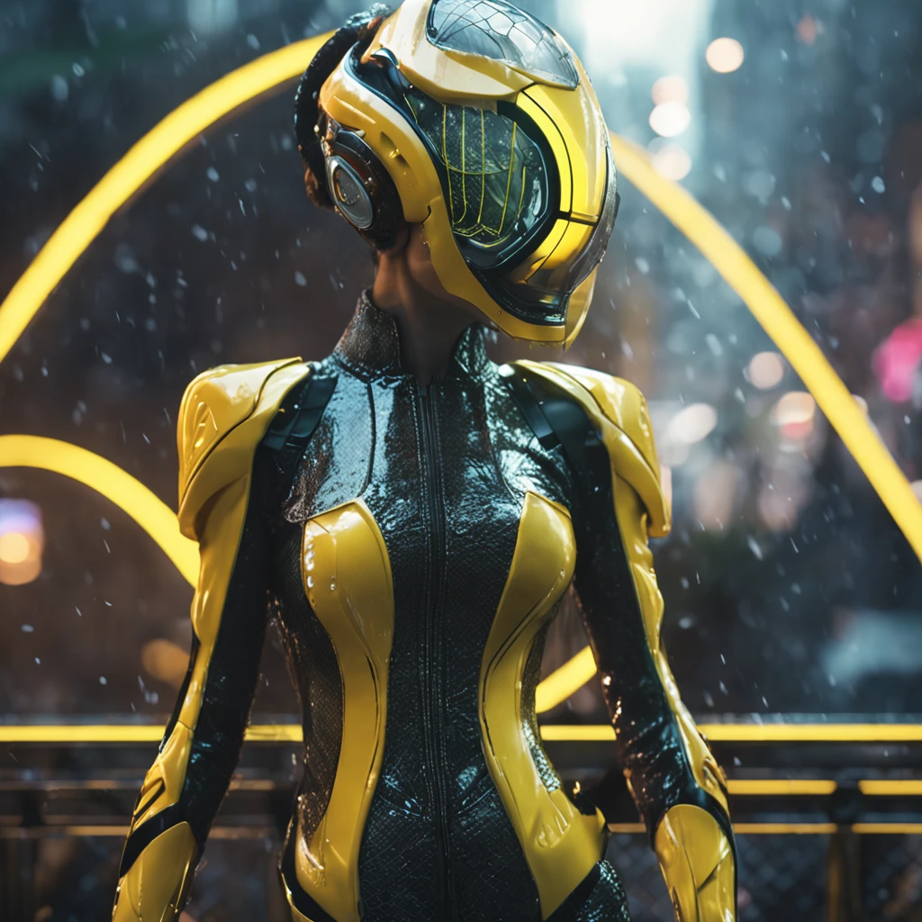 (professional 3d render:1.3) af (Realistic:1.3) most beautiful cinematic lighting movie still photo in the world, woman wearing a dramatic spectacular curved mask and yellow and black diamond patterned and contoured organic costume with glass dome visor in the pouring rain, wet surface textures with water droplets, organic flowers and plants, dynamic glamor pose holding exquisite engraved space gun, alien woman, as a futuristic heroine, vespertine, futuristic clothing and glass, movie still, fashionable futuristic woman, H.R.Giger, Simon Stalenhag, female alien, alien girl, of a futuristic woman selk'nam. avante garde design stylings inspired by yellow and black squares and curves(Intricate:1.4), decadent, (Highly detailed:1.4), Digital painting, rendering by octane, art stations, concept-art, smooth, Sharp focus, illustration, Art germ, (loish:0.23), wlop ilya kuvshinov, and greg rutkowski and alphonse mucha gracias, (Global illumination, Studio light, volumettic light), heavy rain, particles floating, lotr, fantasy, elf, full body, ((Dark and ancient city background:1.3)),CGSesociety,art stations