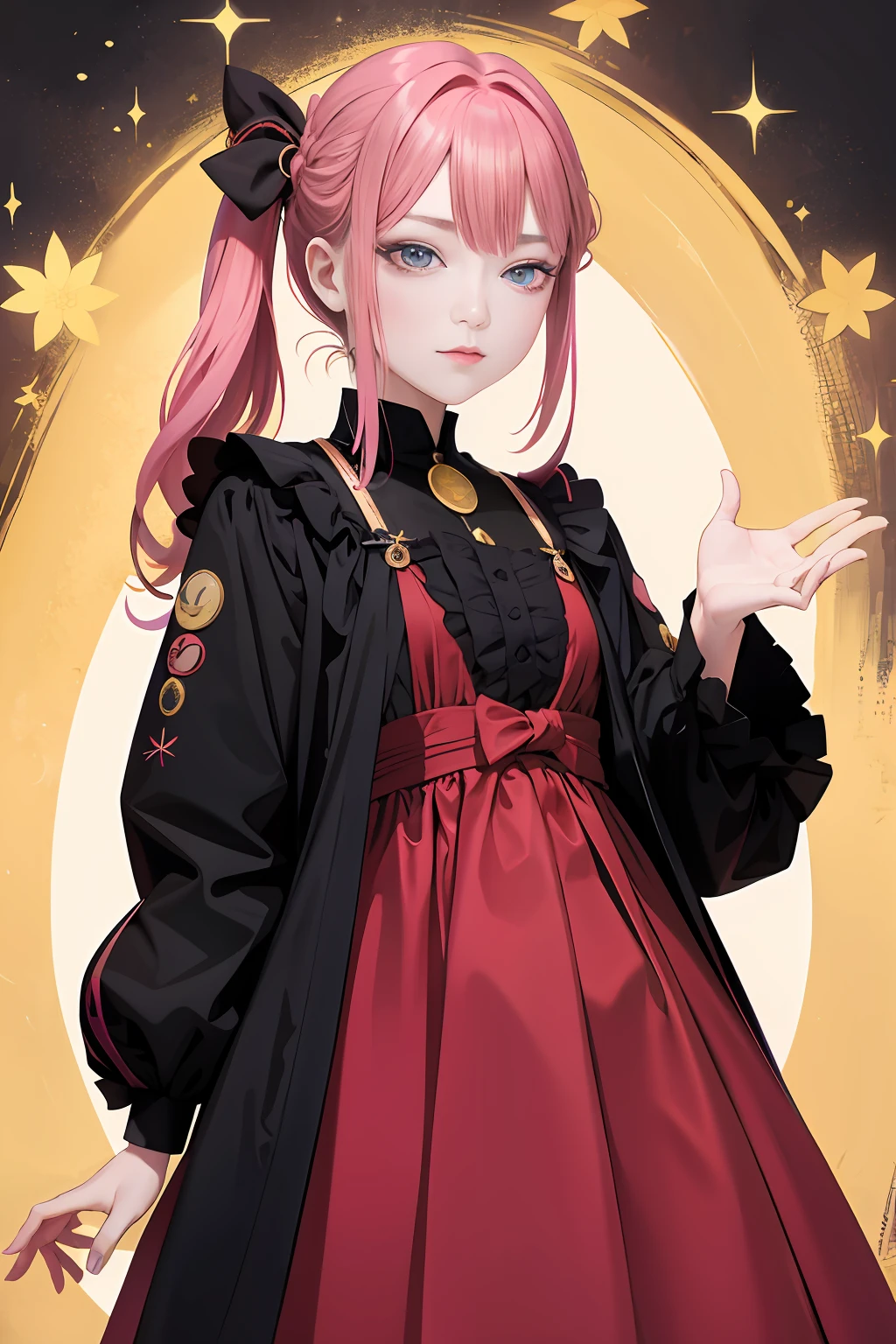 Tsuruta Ichiro, Olhos estreitos, 1girl em, Allback、cabelo curto、testa、Reluctance、Um cabelo escuro、Solo de cabelo enfiado, vaqueira, vestido vermelho, ((mamas do miolo)), Olhos de fenda finos、olhos cinzentos azuis, random colored hair, Luvas, vestir, jewelries, Brincos, olho afiado、luva vermelha, Bosques de Cotovelo,Raise your hands and tie your hair back, random color, random colored dress, de lado, maquiagem, olhos esguios、batom, Complex petal pattern, luz de aro, luz de fundo, cor pastel,
