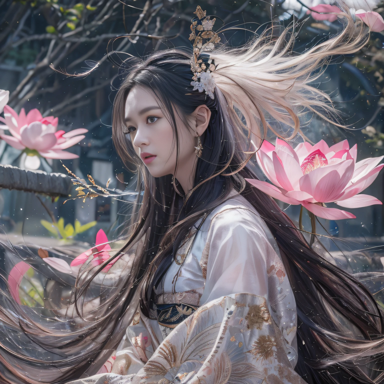 32K（tmasterpiece，k hd，hyper HD，32K）Long flowing black hair，ponds，zydink， a color，  Xuzhou people （Silly girl）， （Silk scarf）， Combat posture， looking at the ground， long whitr hair， Floating hair， Carp pattern headdress， Chinese long-sleeved clothing， （abstract ink splash：1.2）， Pink petal background，Pink and white lotus flowers fly（realisticlying：1.4），Black color hair，Fallen leaves flutter，The background is pure， A high resolution， the detail， RAW photogr， Sharp Re， Nikon D850 Film Stock Photo by Jefferies Lee 4 Kodak Portra 400 Camera F1.6 shots, Rich colors, ultra-realistic vivid textures, Dramatic lighting, Unreal Engine Art Station Trend, cinestir 800，Long flowing black hair
