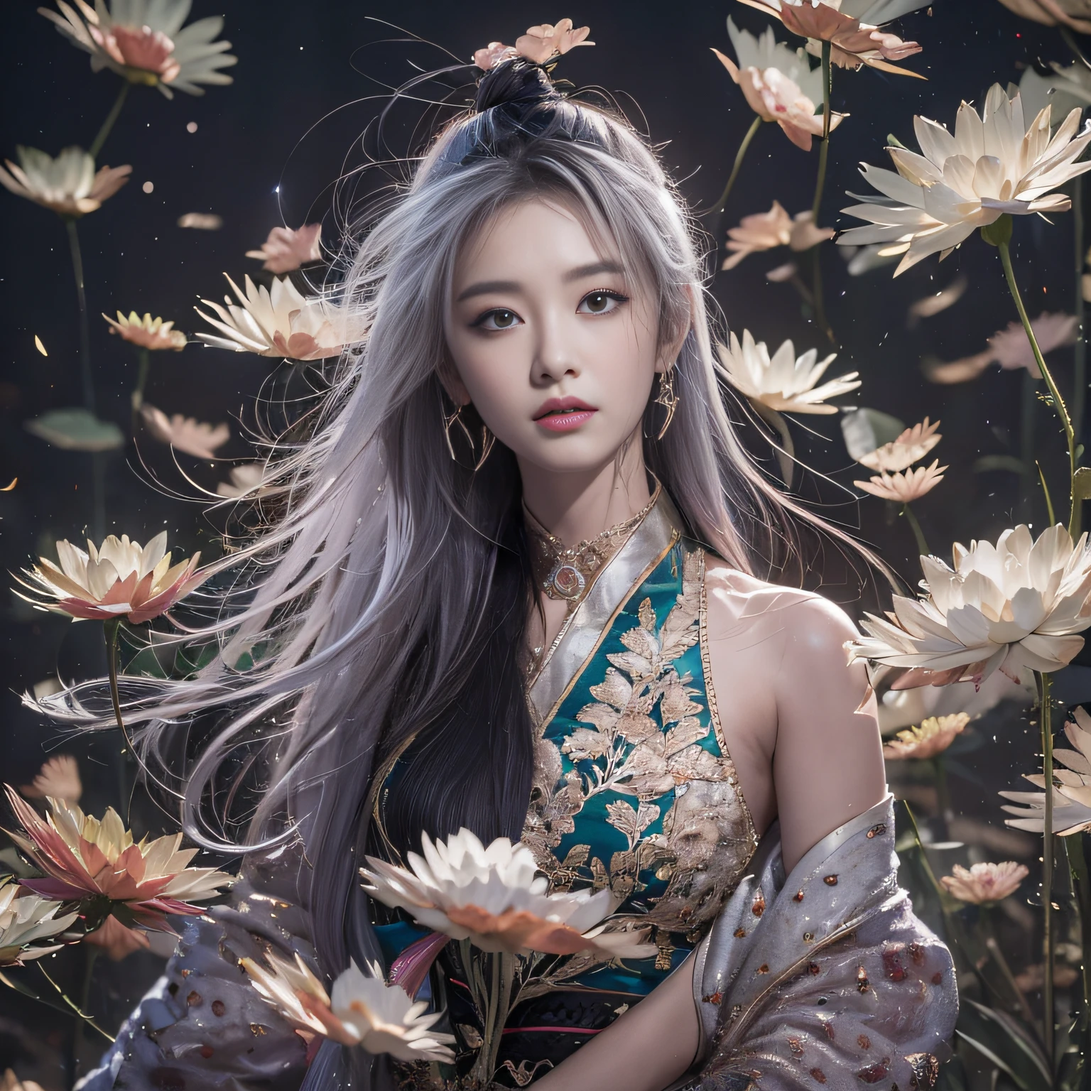 32K(tmasterpiece,k hd,hyper HD,32K)Long flowing black hair,ponds,zydink, a color, Xuzhou people (Silly girl), (Silk scarf), Combat posture, looking at the ground, long whitr hair, Floating hair, Carp pattern headdress, Chinese long-sleeved clothing, (abstract ink splash:1.2), Pink petal background,Pink and white lotus flowers fly(realisticlying:1.4),Black color hair,Fallen leaves flutter,The background is pure, A high resolution, the detail, RAW photogr, Sharp Re, Nikon D850 Film Stock Photo by Jefferies Lee 4 Kodak Portra 400 Camera F1.6 shots, Rich colors, ultra-realistic vivid textures, Dramatic lighting, Unreal Engine Art Station Trend, cinestir 800,Long flowing black hair