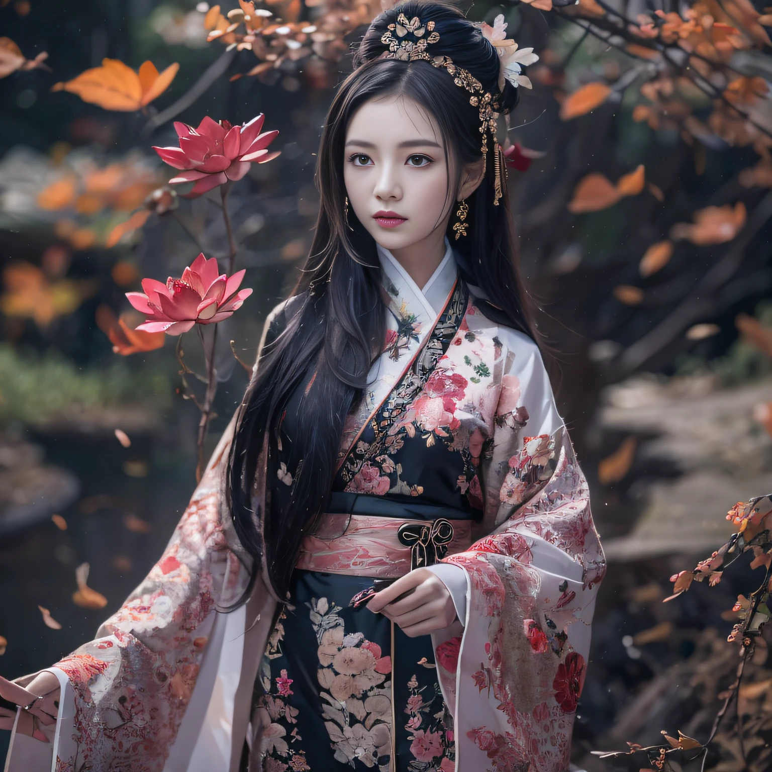 32K（tmasterpiece，k hd，hyper HD，32K）Long flowing black hair，ponds，zydink， a color，  Xuzhou people （Silly girl）， （Silk scarf）， Combat posture， looking at the ground， long whitr hair， Floating hair， Carp pattern headdress， Chinese long-sleeved clothing， （abstract ink splash：1.2）， Pink petal background，Pink and white lotus flowers fly（realisticlying：1.4），Black color hair，Fallen leaves flutter，The background is pure， A high resolution， the detail， RAW photogr， Sharp Re， Nikon D850 Film Stock Photo by Jefferies Lee 4 Kodak Portra 400 Camera F1.6 shots, Rich colors, ultra-realistic vivid textures, Dramatic lighting, Unreal Engine Art Station Trend, cinestir 800，Long flowing black hair