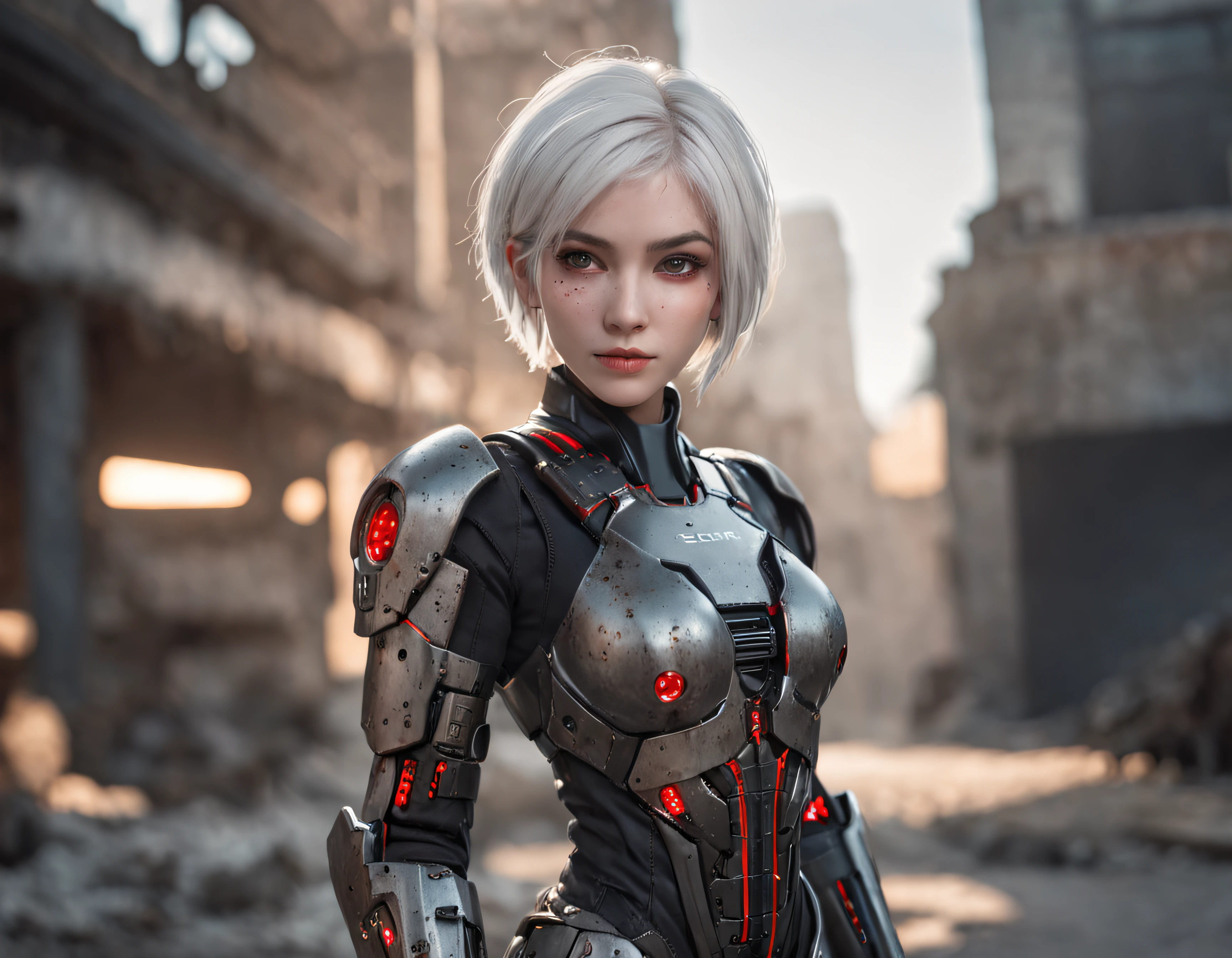 This is a CG Unity 8k wallpaper with ultra-detailed, high-resolution and top quality in cyberpunk style, dominated by black and red. In the picture, a beautiful girl with white messy short hair, a delicate face, wearing a steam mecha mask, standing on the ruins, behind her is a huge robot, Social realism, Hyperrealism, sparkle, cinematic lighting, lens flare, Ultra-Wide Angle