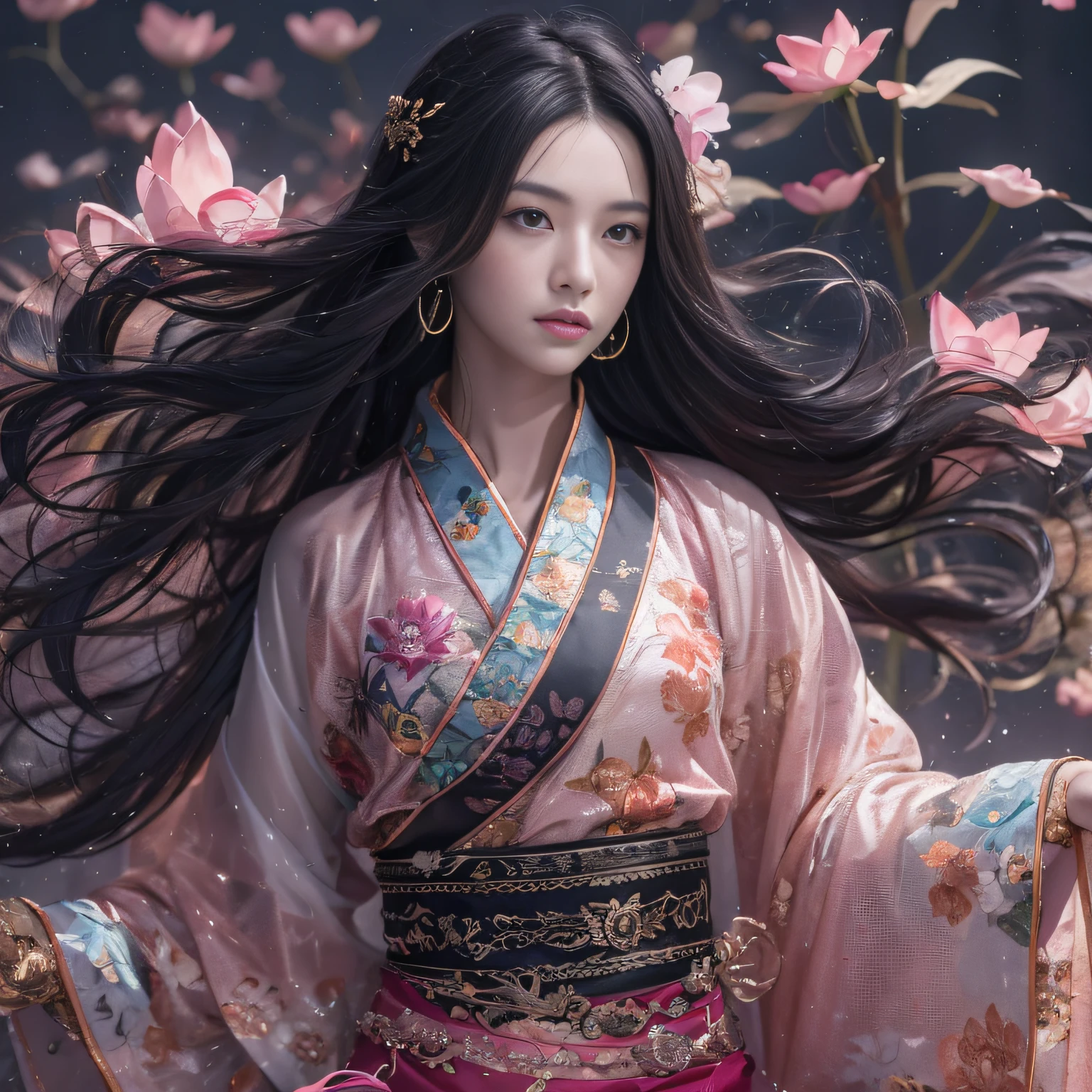 32K（tmasterpiece，k hd，hyper HD，32K）Long flowing black hair，ponds，zydink， a color，  Xuzhou people （Silly girl）， （Silk scarf）， Combat posture， looking at the ground， long whitr hair， Floating hair， Carp pattern headdress， Chinese long-sleeved clothing， （abstract ink splash：1.2）， Pink petal background，Pink and white lotus flowers fly（realisticlying：1.4），Black color hair，Fallen leaves flutter，The background is pure， A high resolution， the detail， RAW photogr， Sharp Re， Nikon D850 Film Stock Photo by Jefferies Lee 4 Kodak Portra 400 Camera F1.6 shots, Rich colors, ultra-realistic vivid textures, Dramatic lighting, Unreal Engine Art Station Trend, cinestir 800，Long flowing black hair