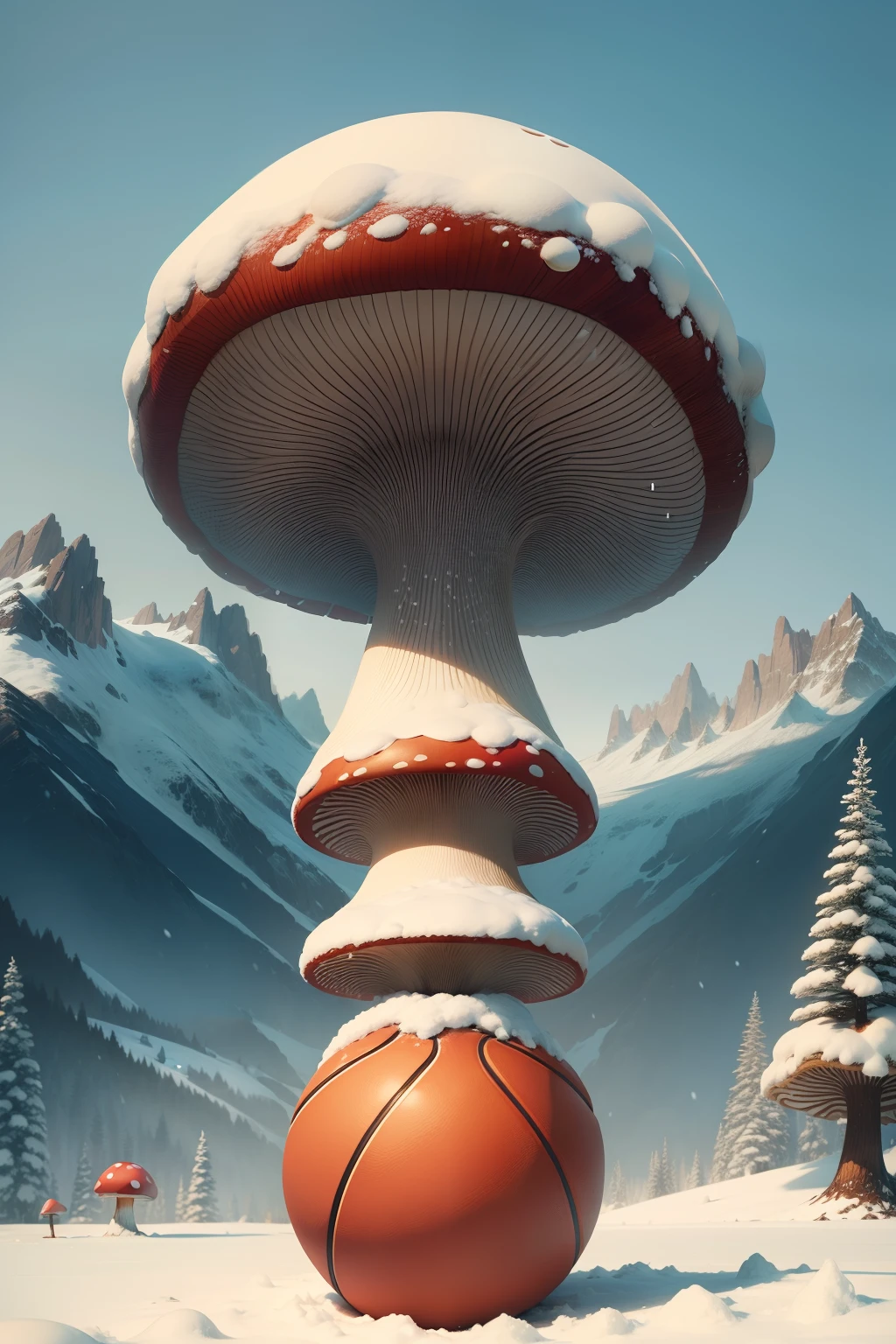 A mushroom who can play basketball and LeBron James play basketball on top of a snowy mountain