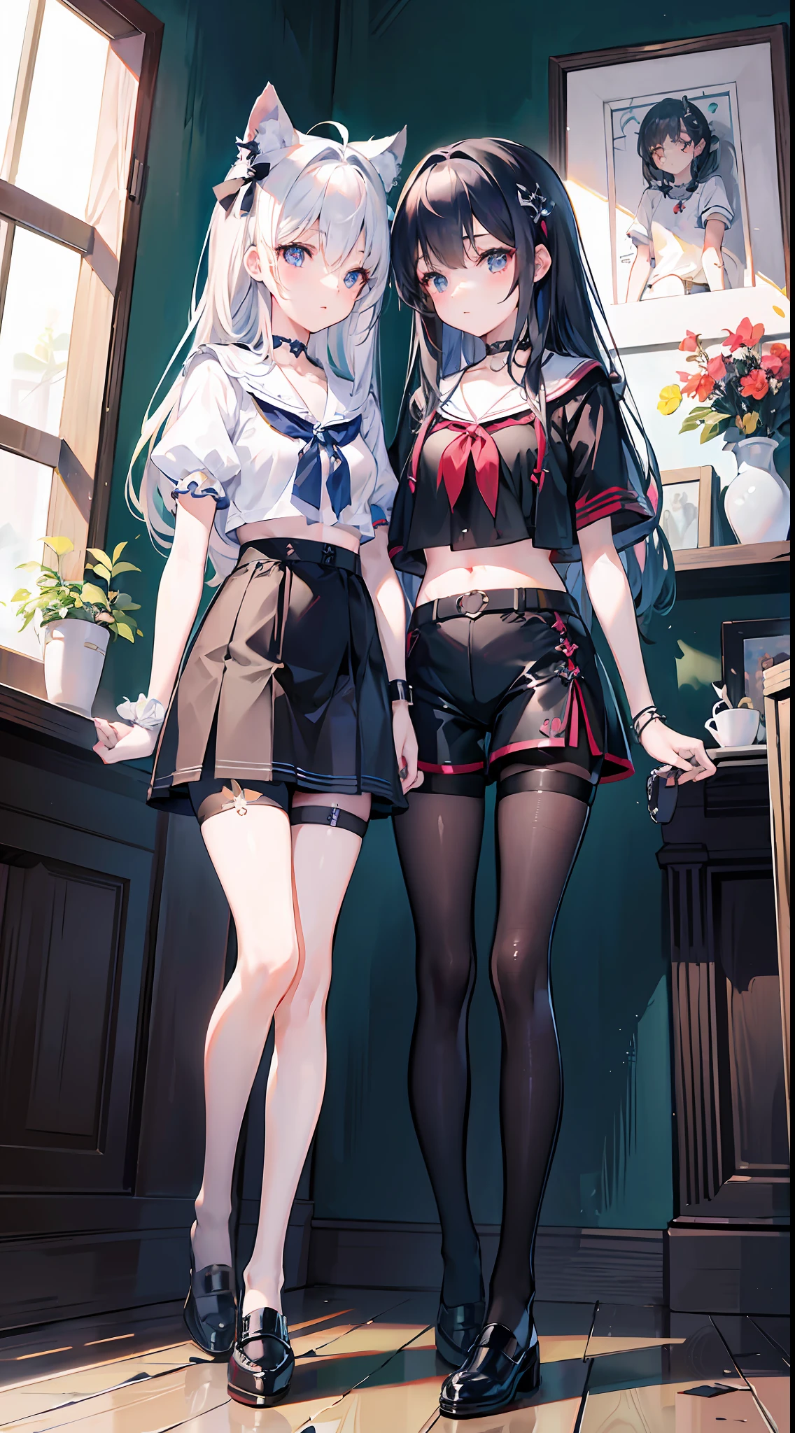 ,twins, Masterpiece,Best quality,offcial art,Extremely detailed Cg Unity 8K wallpaper, 2girls, cute female child, Yuri, hair adornments, Short shorts, Crop top, Pantyhose, ribbon_choker necklace, leg belt,