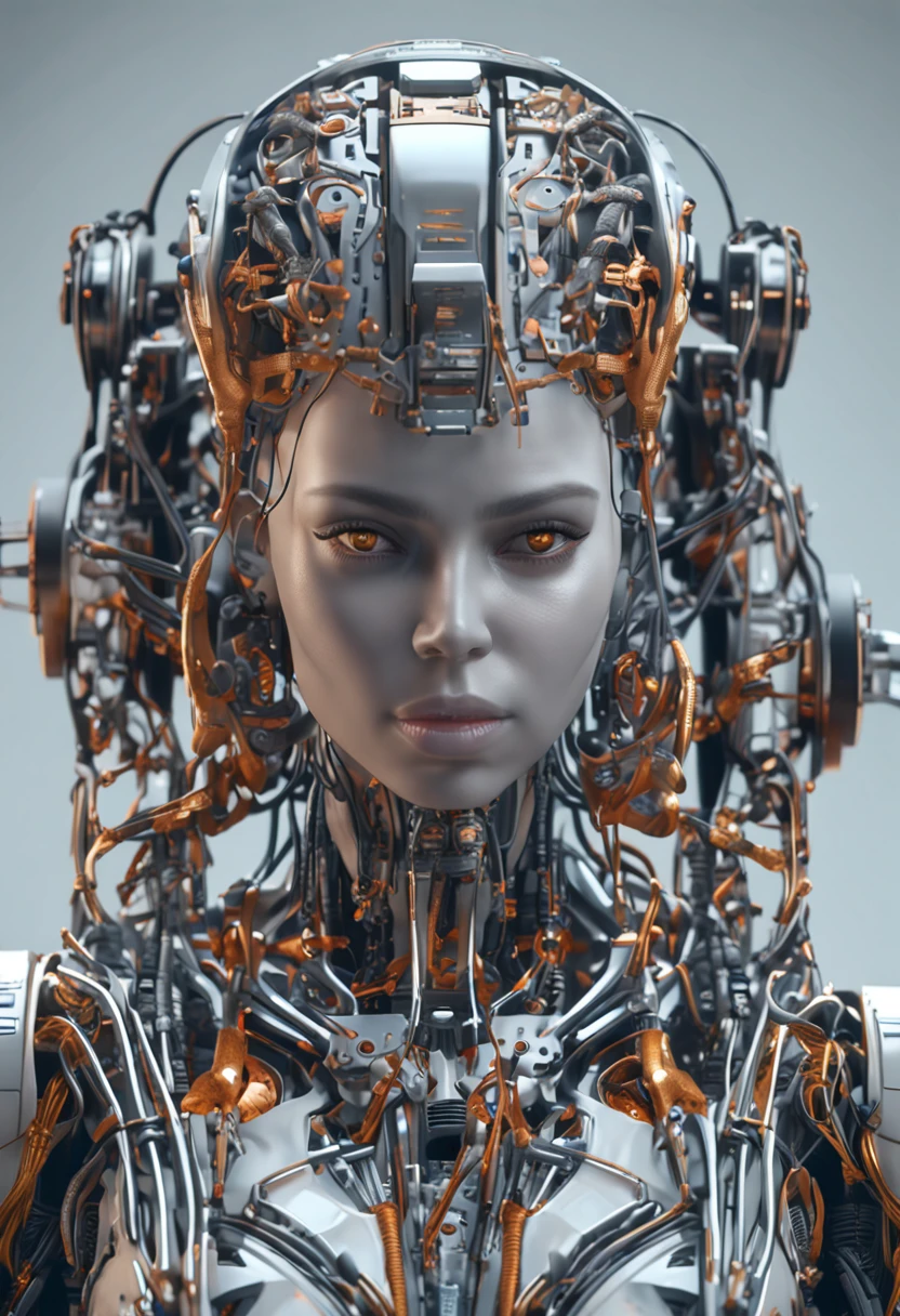 High Resolution, High Quality, Masterpiece. Pierrot puppet entangled in golden threads against a backdrop of abstract black oil, gears interlocking within its high-tech, cyberpunk style body, lasers emanating from its core, acrylic design elements with confusing, intricate complexity, neon ambiance surrounding the grunge aesthetic, hyperdetalization of every component, rendered in Unreal Engine for a photorealistic digital masterpiece, 32k resolution, gear mecha aesthetic, detailed acrylic textures.