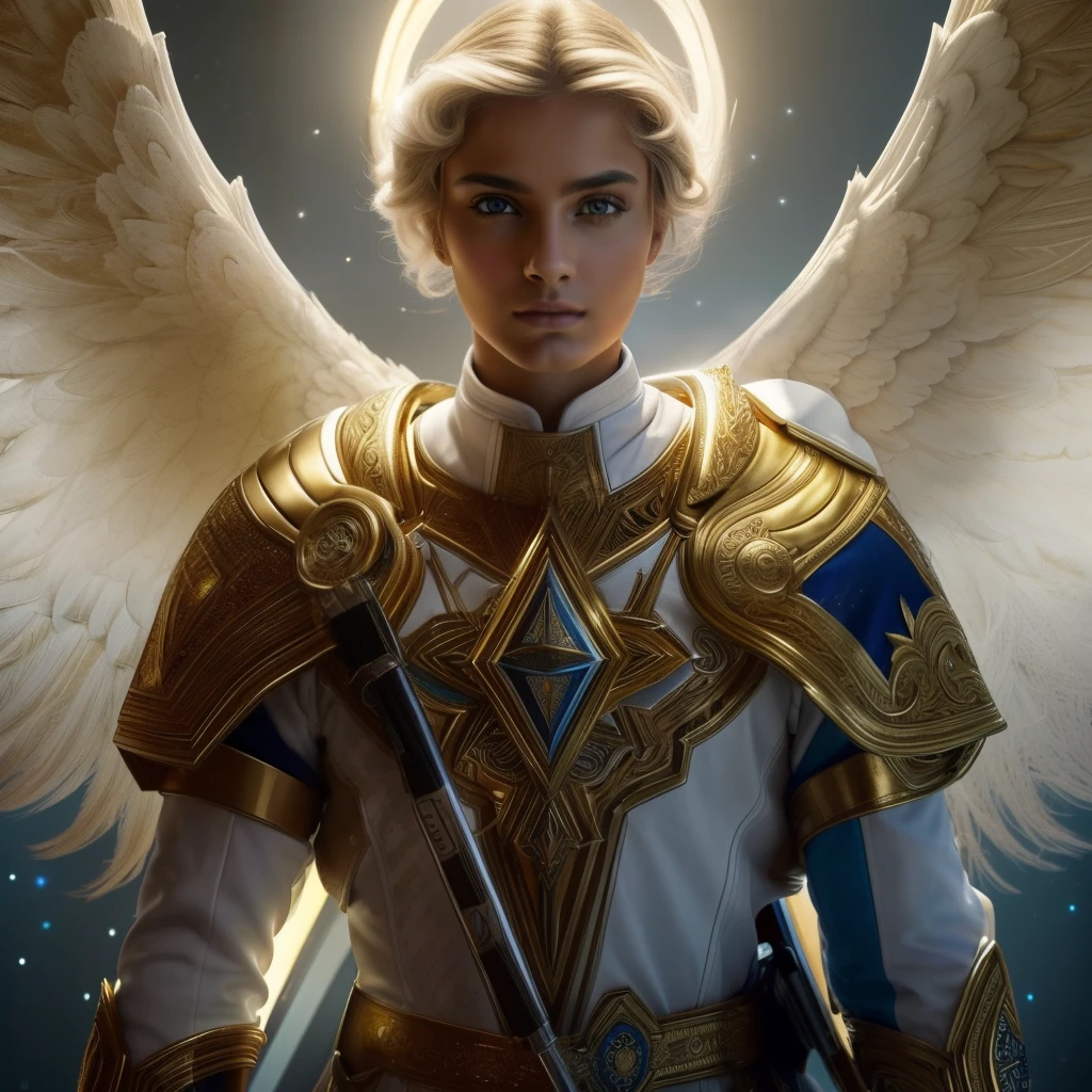 ((Male Custodian Angel. 19 years old))) ((( Con una cara seria y piadosa. Con una mirada dulce y tierna))) (obra maestra, calidad superior, mejor calidad, arte oficial, beautiful and aesthetic: 1.2), (1girl), extremadamente detallado, (Arte fractal: 1.3), colorido, highest detailed, Cara perfecta, parte superior del cuerpo, HDR, (orando: 1.3), (golden lines of white coat: 1.2), galaxia, (rayas de luz), eye-catching visuals, (dynamic stripes, senderos luminosos: 1.2), colores vibrantes,