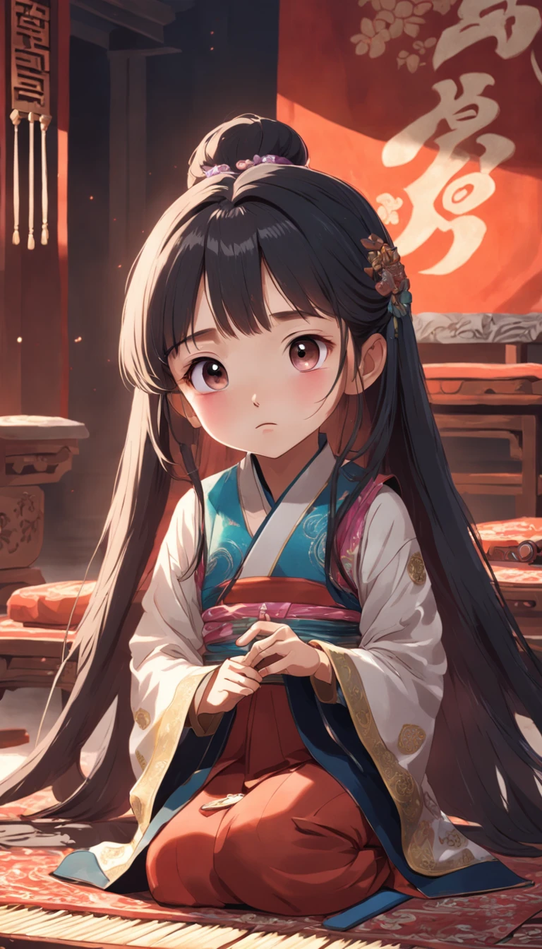 full bodyesbian, Very young girl sitting on carpet playing guzheng,Oriental face,With very detailed facial features and cartoon-style visuals。