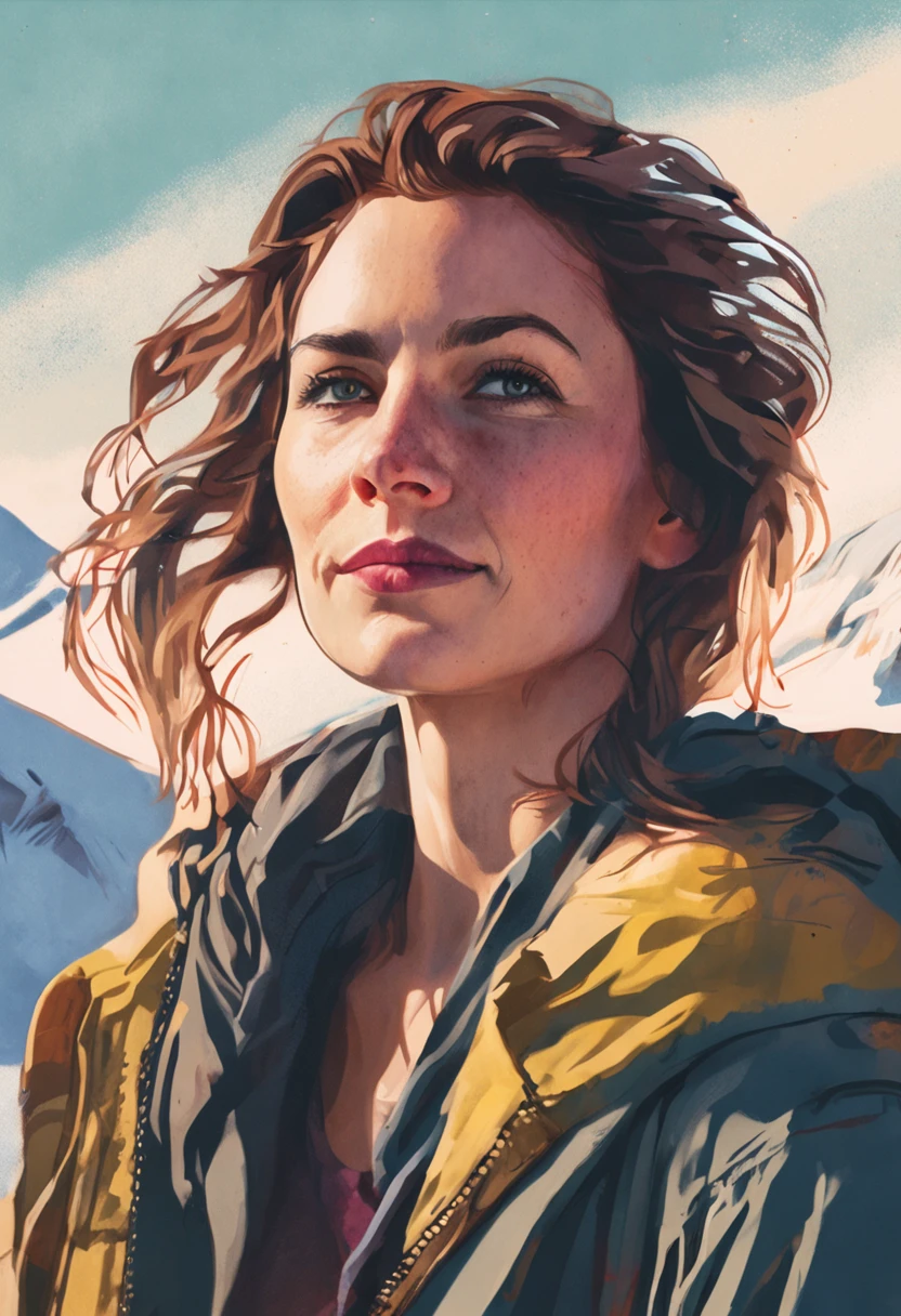 Portrait of beautiful smiling woman with some freckles, Snowy mountain landscape background Ilya Kuvshinov and Anne Leibovitz. synthwave watercolor painting on canvas trending in artstation dramatic lighting abstract expressionism pastel shades tones (HD) golden ratio details aesthetic octane render excellent composition natural textures 8k oil paining masterpiece canon eos r4s 50