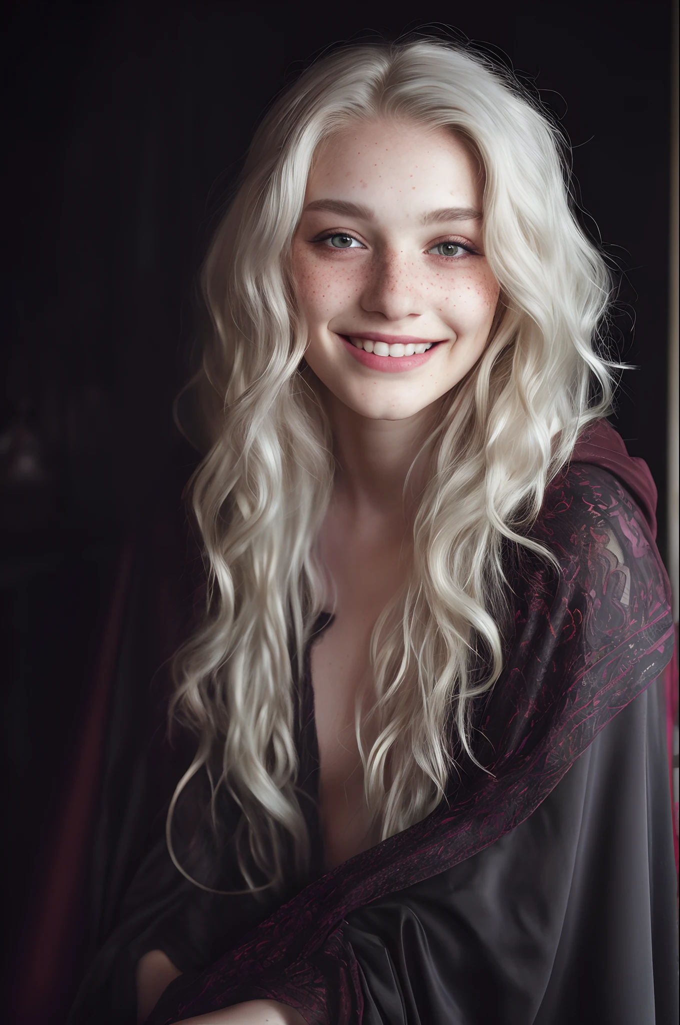 (close-up, editorial photograph of a 21 year old woman), (highly detailed face:1.4) (smile:0.7) (background inside dark, moody, private study:1.3) POV, by lee jeffries, nikon d850, film stock photograph ,4 kodak portra 400 ,camera f1.6 lens ,rich colors , redhead, hyper realistic ,lifelike texture, dramatic lighting , cinestill 800, wavy hair, messy hair, curls, smirk, malicious smile, platinum white hair, freckles, green eyes, white skin, wearing a see through cloak, night sky transparent cloak, transparent cloak, night sky cloak, a cloak made from the night sky