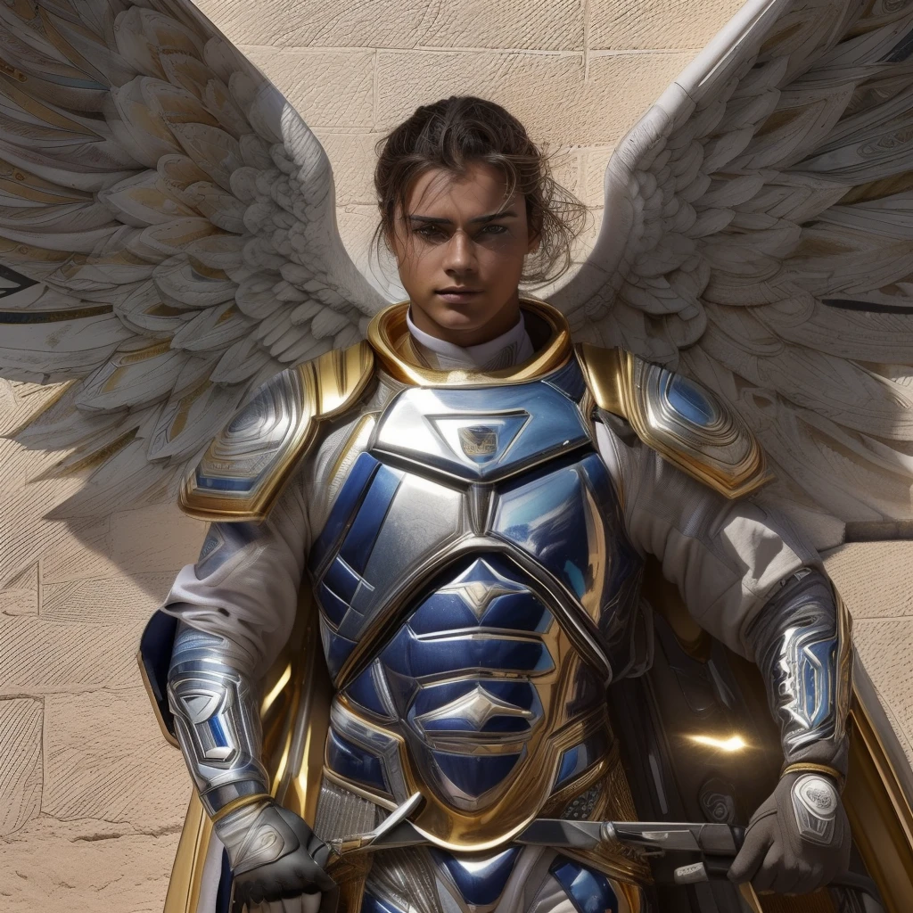 ((Male Custodian Angel. 19 years old))) ((( Con una cara seria y piadosa. Con una mirada dulce y tierna))) (obra maestra, calidad superior, mejor calidad, arte oficial, beautiful and aesthetic: 1.2), (1girl), extremadamente detallado, (Arte fractal: 1.3), colorido, highest detailed, Cara perfecta, parte superior del cuerpo, HDR, (orando: 1.3), (golden lines of white coat: 1.2), galaxia, (rayas de luz), eye-catching visuals, (dynamic stripes, senderos luminosos: 1.2), colores vibrantes,