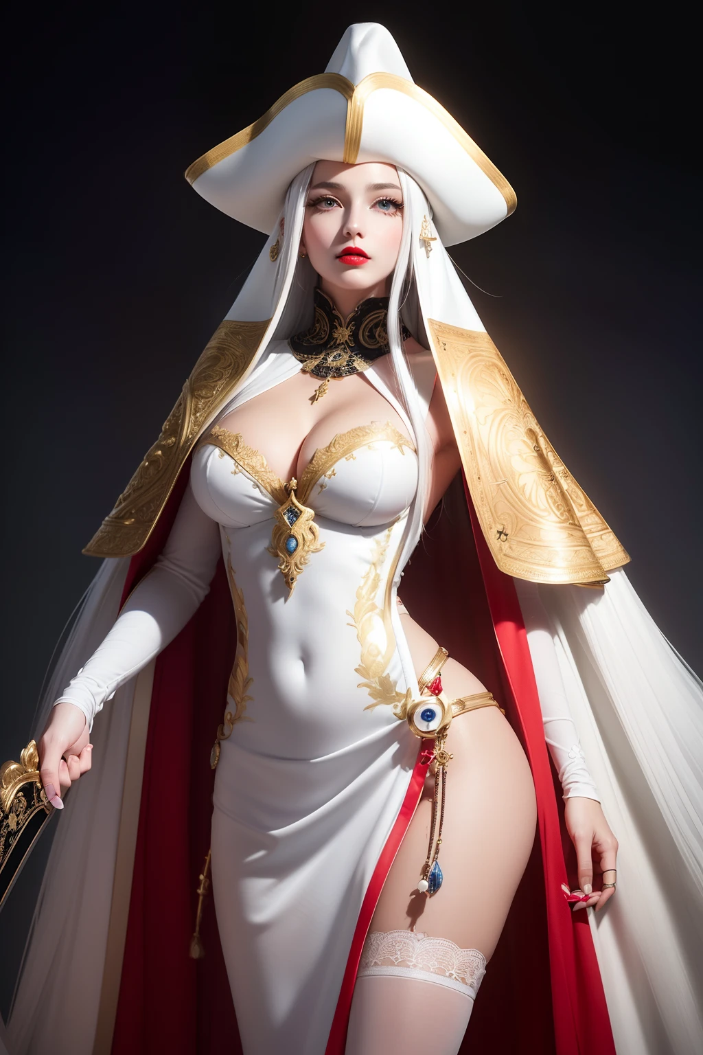(((Saint Seya style aesthetic))) (Masterpiece) realistic big bust to the pelvic area ((beauty shape)) of a beauty hyperrealist & photorealist beauty young astonishing girl in cropped white & black "pirate clothing" (((from 18th century))) highly & extremely detailed with cape & scarf (masterpiece), (((holding two blade))), Unity 8k, pearly perfect wet skin with pores (((white hair & tricorn hat from 18th century))) ((perfect face shapes, complete perfect red lips, perfect nose, correct beautiful eyes, eyelashes, detailed intricate iris textured face in ZBrush)), Ultra HD, vines, (((cold colores illumination))), developed by Unreal Engine 5, Ultra Sharp Focus, Art by Alberto Seveso, Sci-Fi, vibrant & intricate Artwork, golden Ratio, epic