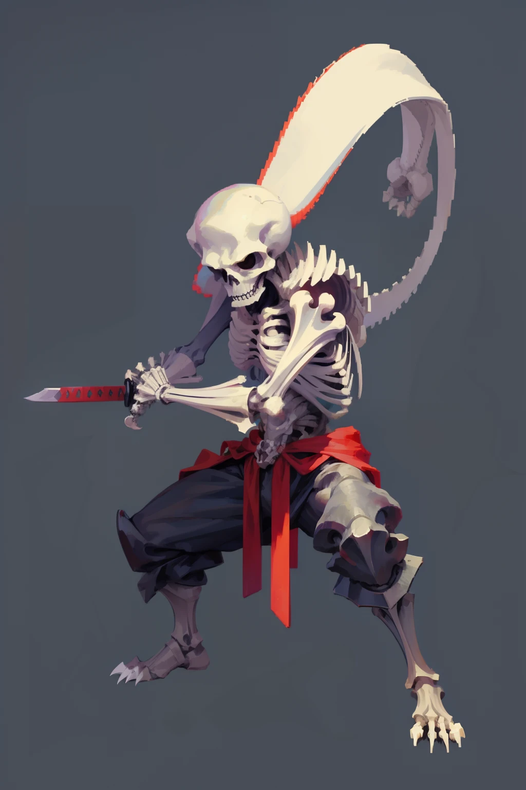 skeletal、Bone monster、holding a sword in one's hand、Combat regime、Pixel art:1、simple background