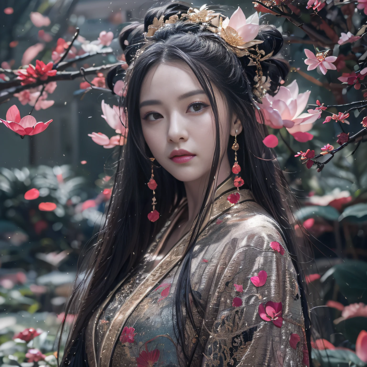32K(tmasterpiece,k hd,hyper HD,32K)Long flowing black hair,ponds,zydink, a color, Xuzhou people (Silly girl), (Silk scarf), Combat posture, looking at the ground, long whitr hair, Floating hair, Carp pattern headdress, Chinese long-sleeved clothing, (abstract ink splash:1.2), Pink petal background,Pink and white lotus flowers fly(realisticlying:1.4),Black color hair,Fallen leaves flutter,The background is pure, A high resolution, the detail, RAW photogr, Sharp Re, Nikon D850 Film Stock Photo by Jefferies Lee 4 Kodak Portra 400 Camera F1.6 shots, Rich colors, ultra-realistic vivid textures, Dramatic lighting, Unreal Engine Art Station Trend, cinestir 800,Long flowing black hair