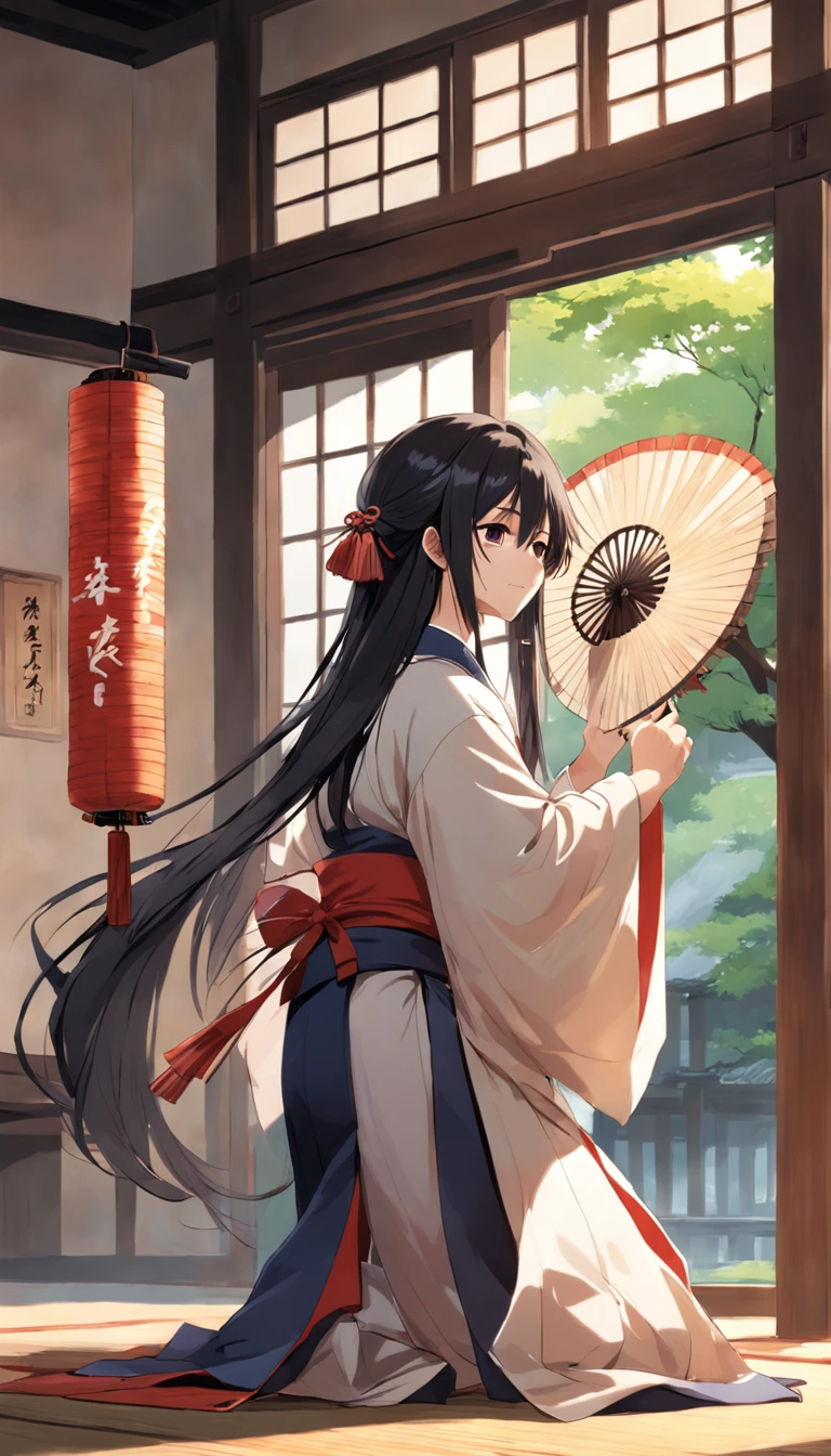 masterpiece, best quality,male focus, 1boy, long hair, hand fan, tate eboshi, low-tied long hair, japanese clothes, kariginu, hat, solo, folding fan, sitting, folded fan, very long hair, black hair, tatami, sliding doors, holding fan, sunlight, wide sleeves, indoors, holding, tree, day, ribbon-trimmed sleeves, bishounen, profile, ribbon trim, black headwear, veranda, long sleeves, seiza, board game, wooden floor, paper fan, cup, on floor, shouji, east asian architecture, hakama, full body, smile, closed eyes, architecture, from behind, light rays, bangs, outdoors, from side