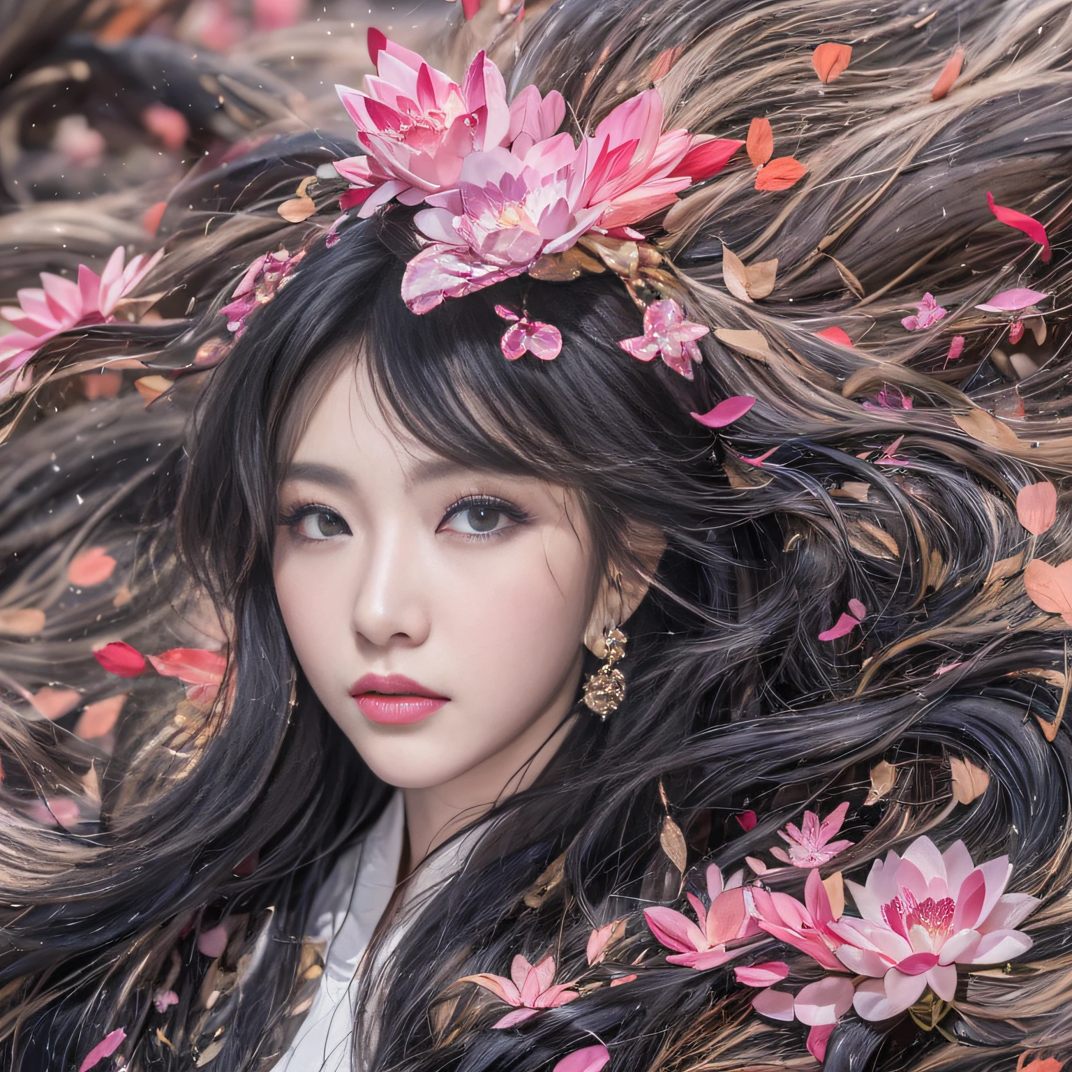 32K(tmasterpiece,k hd,hyper HD,32K)Long flowing black hair,ponds,zydink, a color, Xuzhou people (Silly girl), (Silk scarf), Combat posture, looking at the ground, long whitr hair, Floating hair, Carp pattern headdress, Chinese long-sleeved clothing, (abstract ink splash:1.2), Pink petal background,Pink and white lotus flowers fly(realisticlying:1.4),Black color hair,Fallen leaves flutter,The background is pure, A high resolution, the detail, RAW photogr, Sharp Re, Nikon D850 Film Stock Photo by Jefferies Lee 4 Kodak Portra 400 Camera F1.6 shots, Rich colors, ultra-realistic vivid textures, Dramatic lighting, Unreal Engine Art Station Trend, cinestir 800,Long flowing black hair
