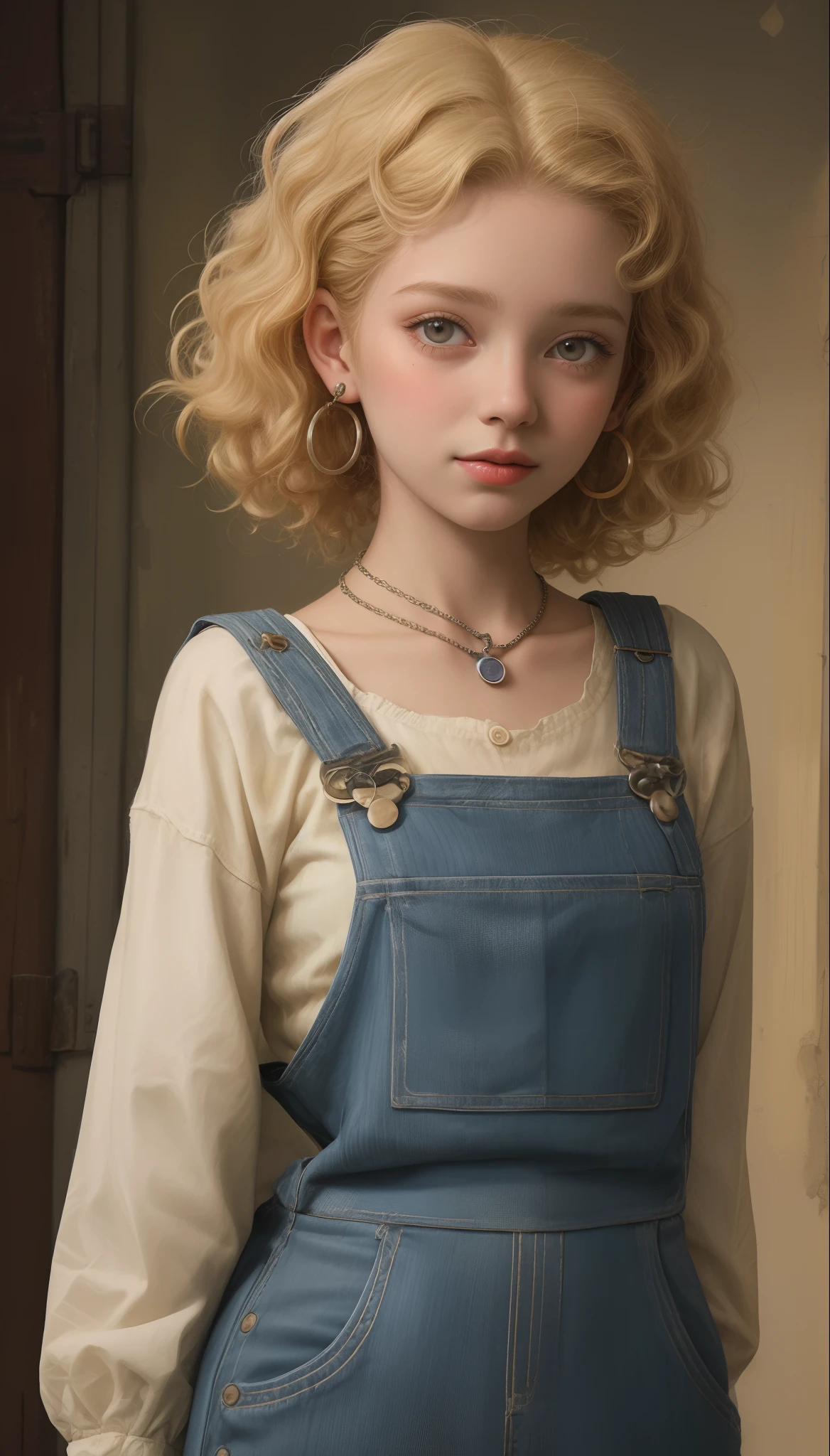 Portrait of a short curly blonde girl of 18 years wearing overalls from the 50s, suada com colar pulseira e brincos,Chuva , 8K Ultra realista
