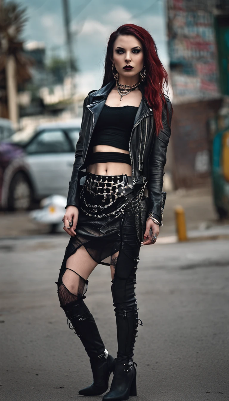 1Punk and goth girl with goth outfit,sexy,(black leather jacket, mini skirt, choker, bracelet:1.1),fishnet Stockings, tattoo, long hair, brown hair,Bare Shoulder, Hair between the eyes, Long hair, oval face, double eyelids, Parted lips, blue eyes, solo, ((areolas)), (cleavage),delicate and sexy(collarbone:1.3), light brown hair, (Shiny skin:0.8),(Masterpiece:1.4),(Best quality:1.4), Natural, Shiny Red lips, Perfect abs, (sheer areola), (sheer fabrics),outdoors, city, night, neon lights , dystopia, night time, future, small breasts