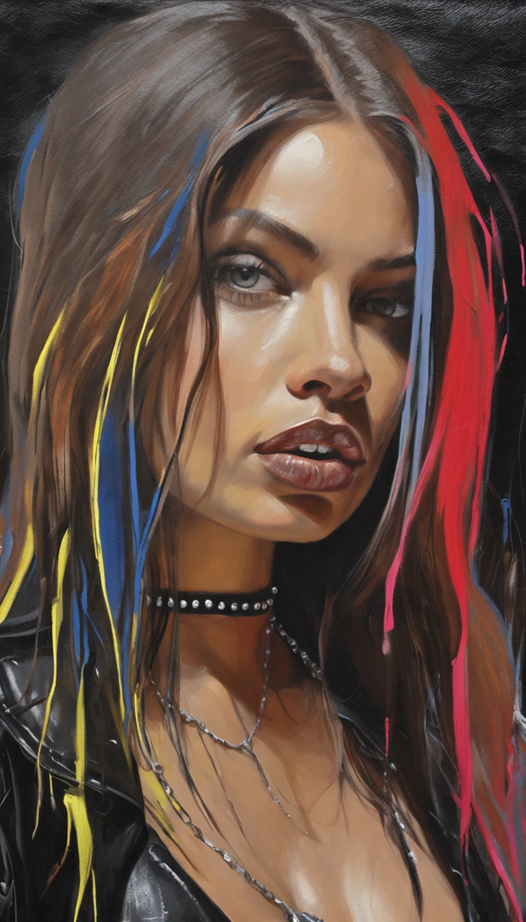 1Punk and goth girl with goth outfit,sexy,(black leather jacket, mini skirt, choker, bracelet:1.1),fishnet Stockings, tattoo, long hair, brown hair,Bare Shoulder, Hair between the eyes, Long hair, oval face, double eyelids, Parted lips, blue eyes, solo, ((areolas)), (cleavage),delicate and sexy(collarbone:1.3), light brown hair, (Shiny skin:0.8),(Masterpiece:1.4),(Best quality:1.4), Natural, Shiny Red lips, Perfect abs, (sheer areola), (sheer fabrics),outdoors, city, night, neon lights , dystopia, night time, future, small breasts